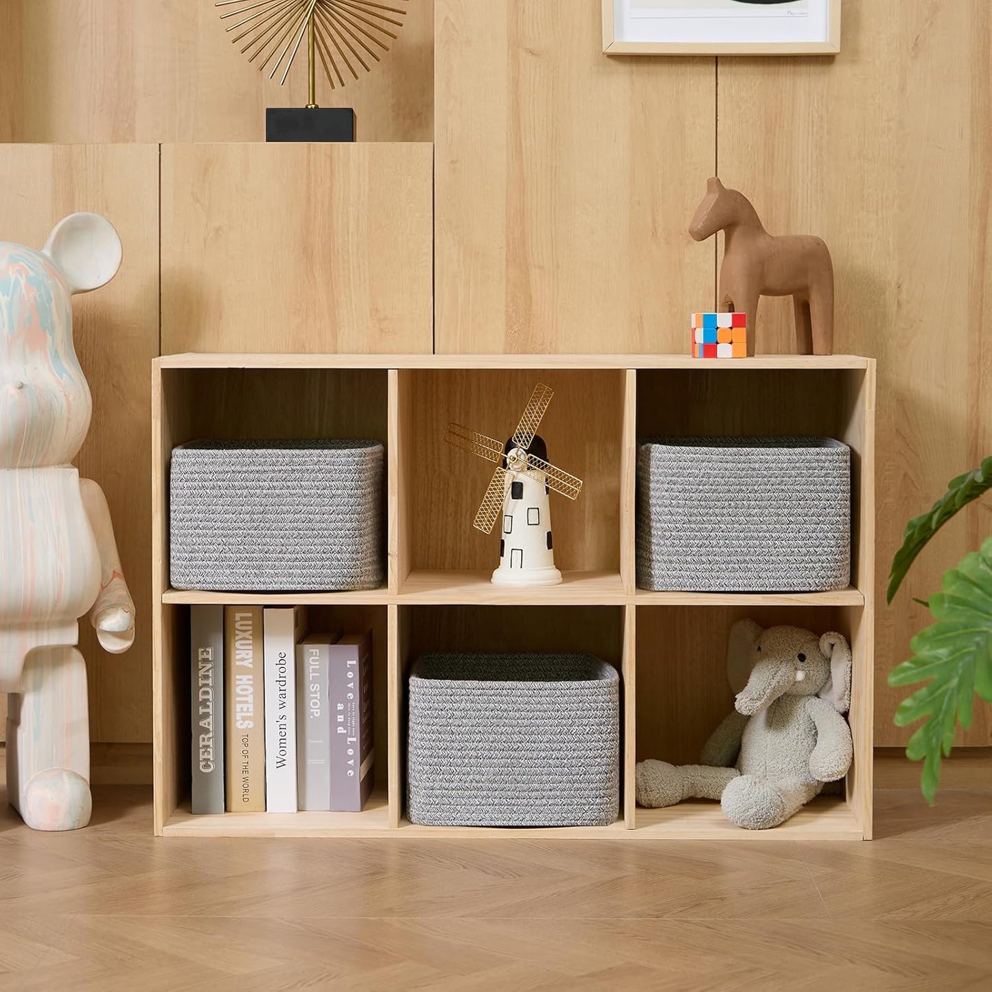 Small Organizing Baskets for Cubes Shelf, 9.7x9.7x7.1 Inch Rope Woven Storage Bins for Nursery Shelves Storage, Cute Toy Basket, Square 3 Packs Mixed Grey