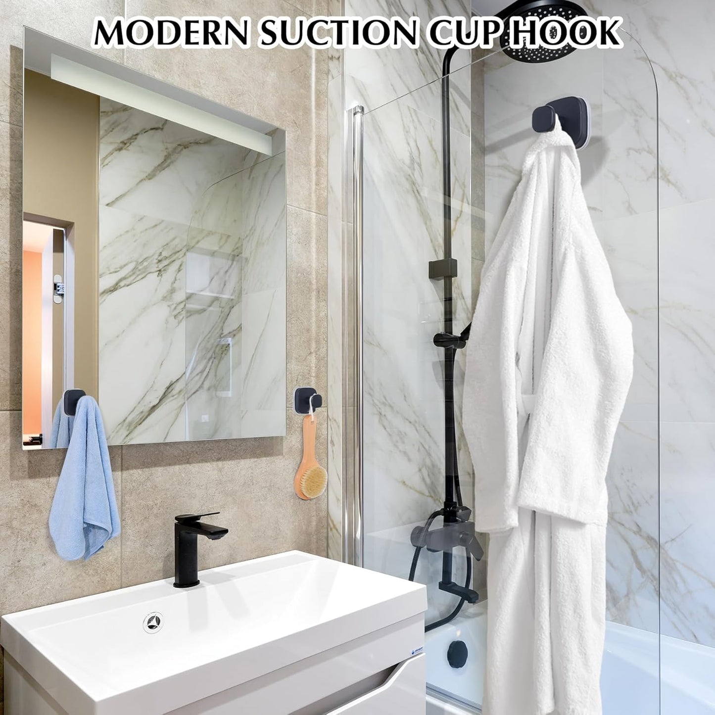 Suction Cup Hooks for Shower - Reusable No-Drill Mounting - Hooks for Towels, Robes & Loofah on Metal, Glass, Mirrors, Tile & Smooth Non-Porous Surfaces (4, Matte Black)