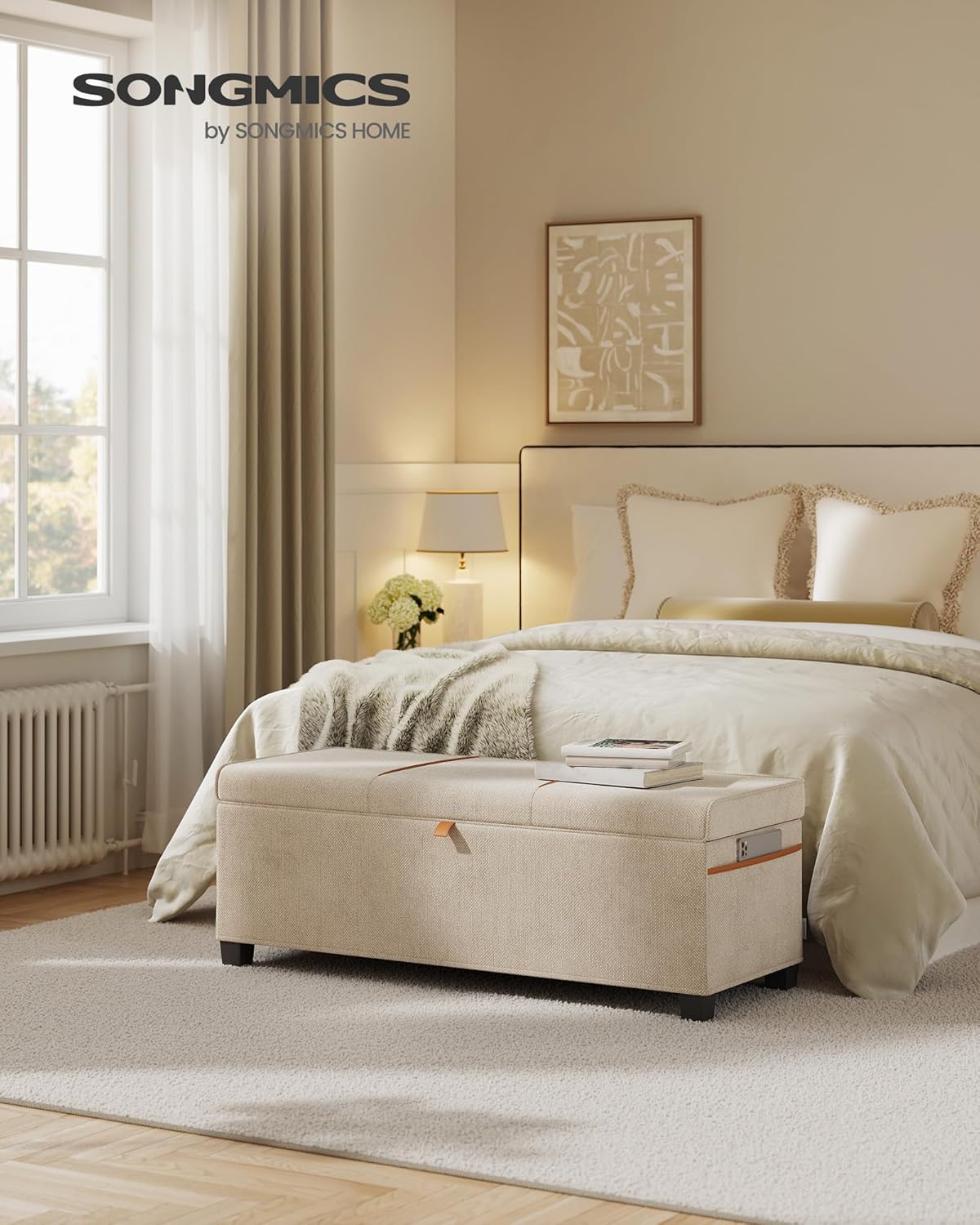 SONGMICS Storage Ottoman Bench, Storage Chest, 15.7 x 43.3 x 15.7 Inches, End of Bed Bench, 27 Gal. (103 L), for Bedroom, Entryway, Living Room, Cappuccino Beige ULSF533L01