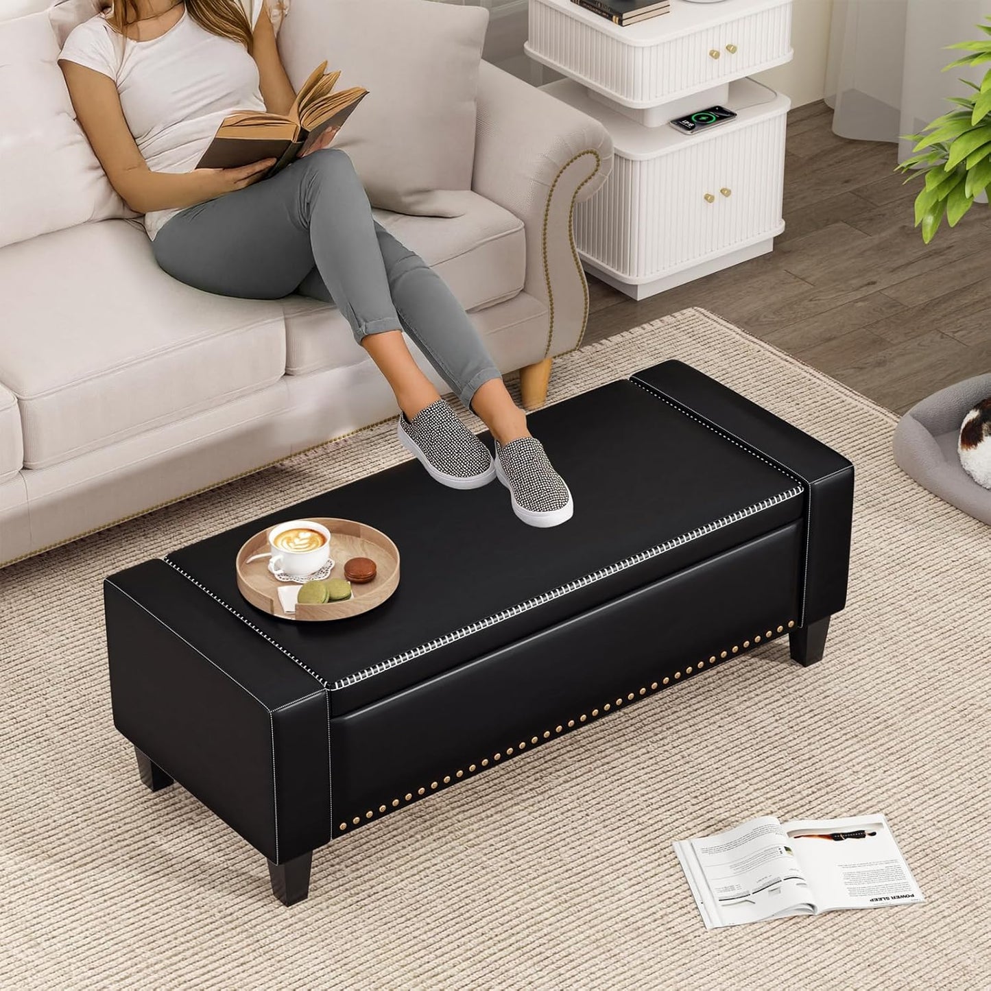 48.8" Storage Ottoman Bench Black | Faux Leather Bedroom Bench with Lift Top for Living Room & Bed End