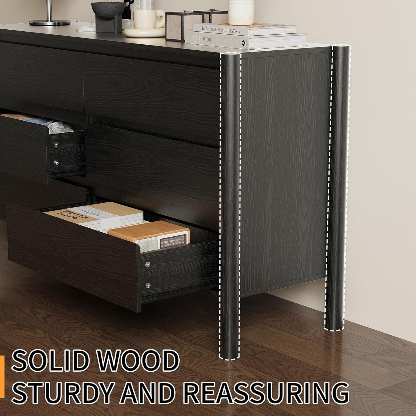 Dresser for Bedroom with 6 Drawers,47" Wide Oak Dresser with 4 Solid Wood Legs, Wooden TV Stand,Closet Clothes Organizer for Bedroom, Hallway