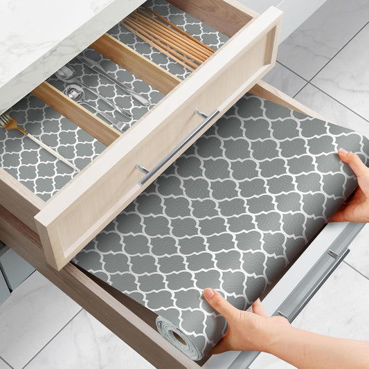 Drawer and Shelf Liner for Kitchen Cabinets Non-Adhesive, Non-Slip Cabinet Liner Shelf Paper Strong Grip Waterproof Easy to Clean for Kitchen Shelves Cupboard, Gray Lantern,17.5IN X 10FT
