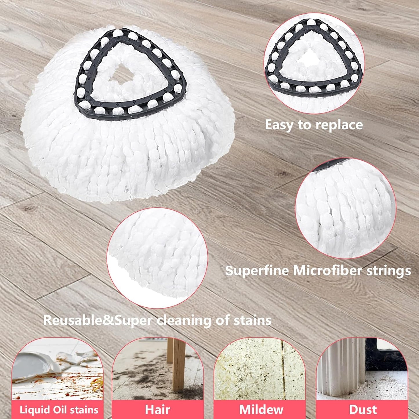 Mop Heads Replacements Complete Combo for O-Ceda,4Pcs White Machine Washable Microfiber Spin Mop Refills Replace Heads,2 Scrub Brushs,1 Base,1 Set Handle,Spin Mop Replacements for Tub and Tile