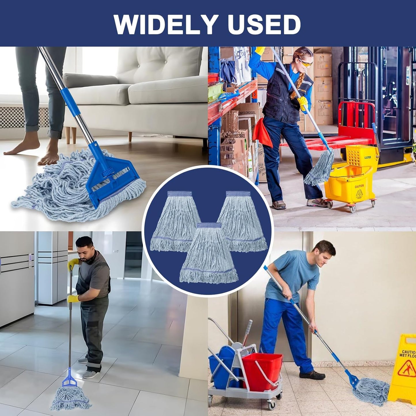 KeFanta 3 Pack Heavy Duty Commercial Mop Head Replacement,Looped End String Cotton Mop Heads,Industrial Wet Mops Refill for Floor Cleaning(Blue)