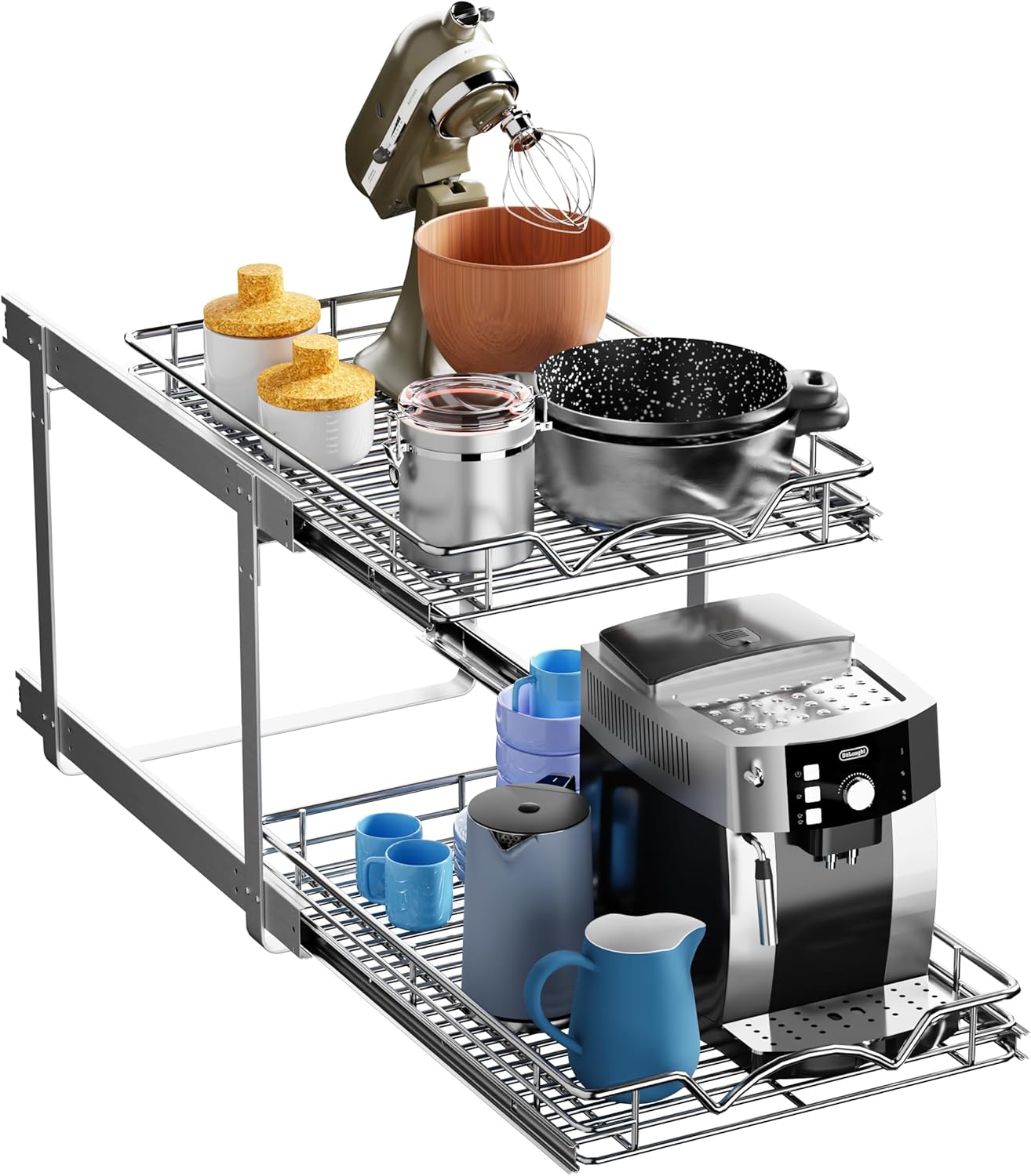 HOLDN’ STORAGE Two Tier Pull Out Cabinet Organizer, Individual Sliding Drawers - Heavy Duty Metal with Lifetime Limited Warranty - Anti Rust Chrome Finish - 15" W x 21”D x 16.5" H