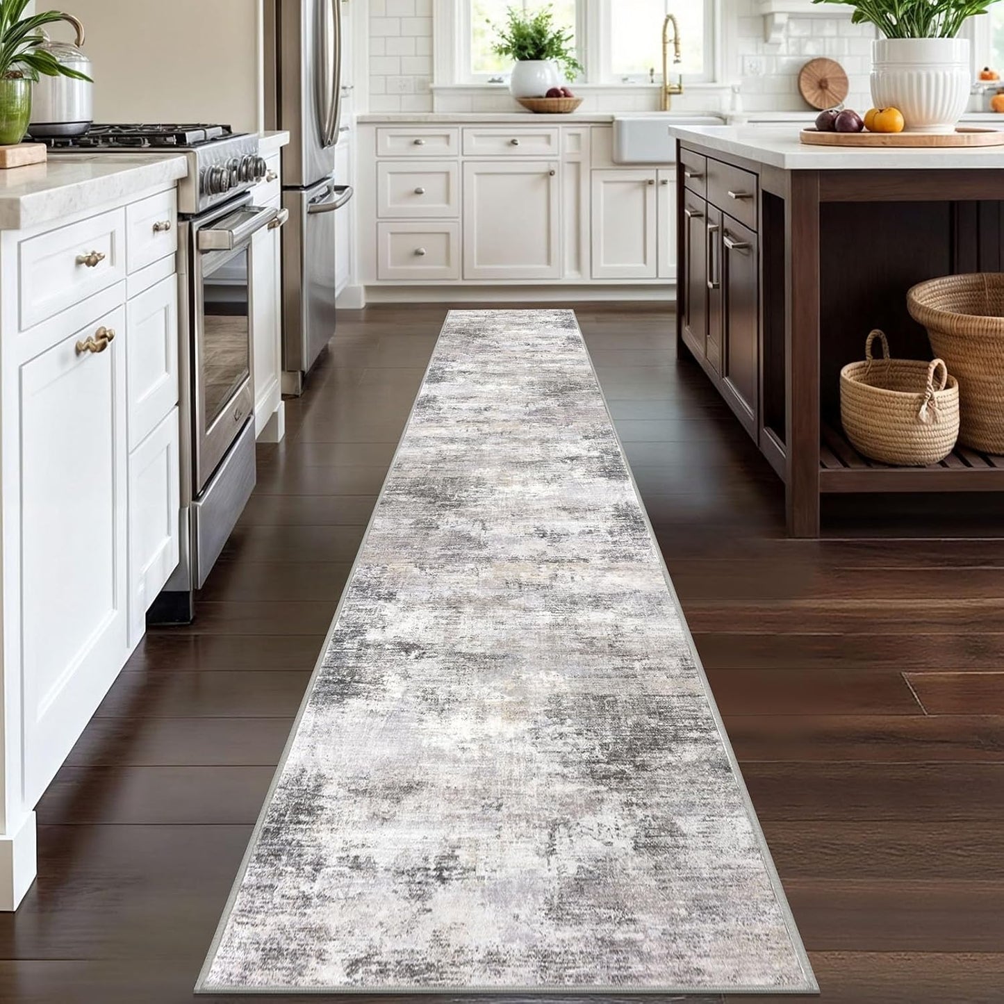 IOHOUZE Abstract Runner Rug 2x12 Ft Washable Runners for Hallways, Non Slip Kitchen Runner Printed Faux Wool Entryway Runner Indoor, Modern Abstract Floor Carpet for Hall Kitchen, Grey Beige