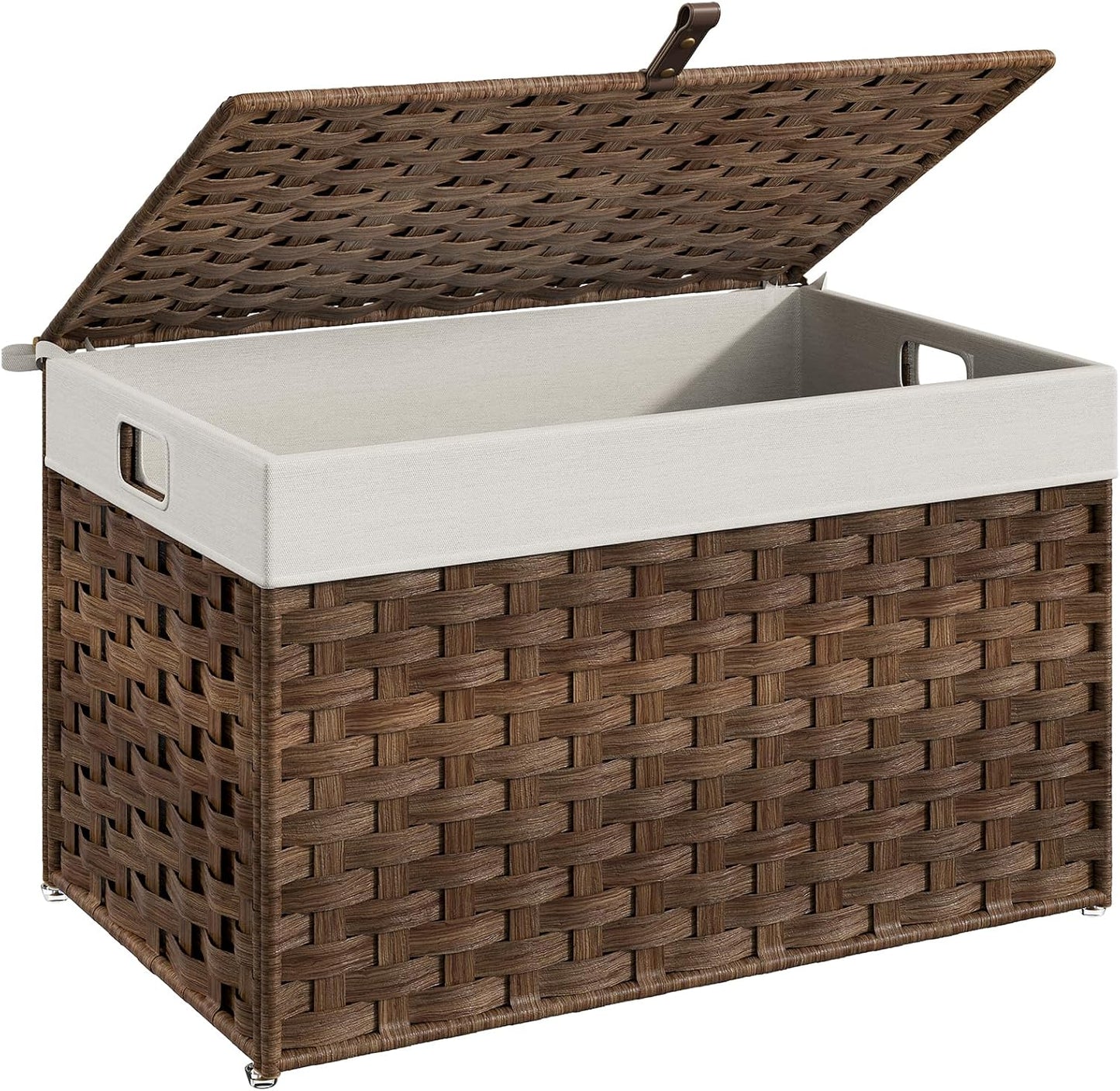 HOOBRO Storage Basket with Lid, 17.2 Gallon (65L) Wicker Basket, Handwoven Blanket Storage Basket with Handles, Metal Frame and Soft Lining, Foldable for Bedroom, Laundry Room, Brown BR265CW01
