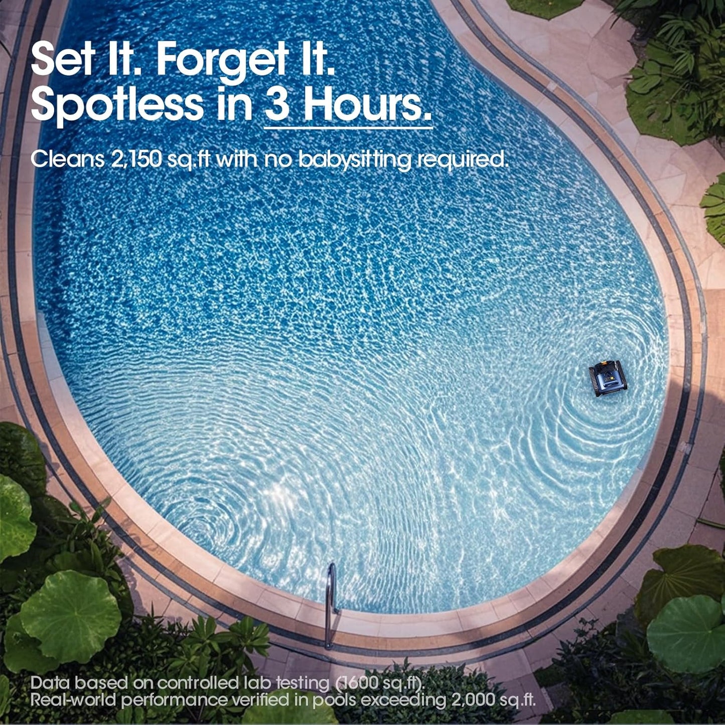 Cordless Robotic Pool Vacuum, Pool Cleaner with Track Drive & Sonar Navigation, 180W Brushless Motor, Wall & Waterline Climbing, 150-Min Runtime, for Inground & Above-Ground Pools up to 2150 Sq. Ft.