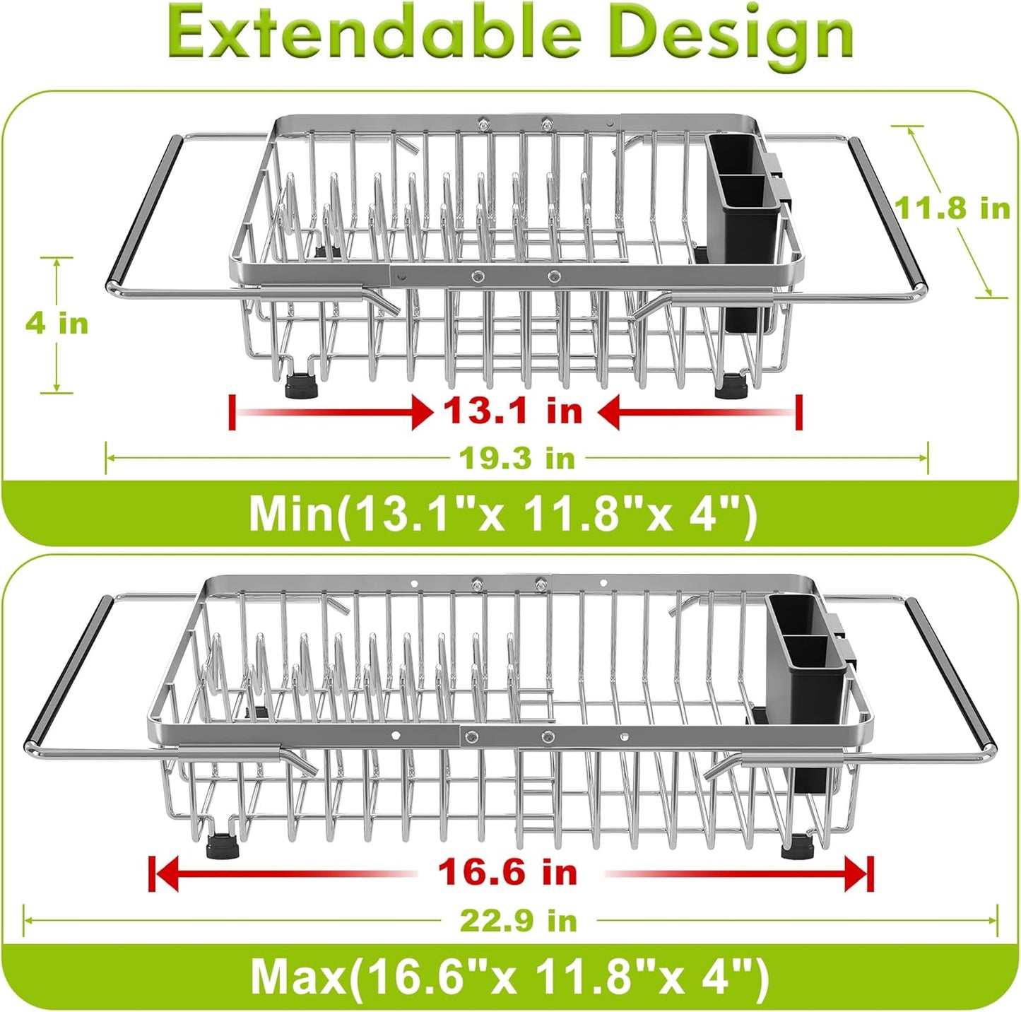 JASIWAY Dish Drying Rack in Sink, Expandable Stainless Steel Dish Drainer for Kitchen Sink, Dish Strainer Rack, Retractable Over Sink Dish Rack with Utensil Holder, 13.1''~16.6''D x 11.8''W, Silver