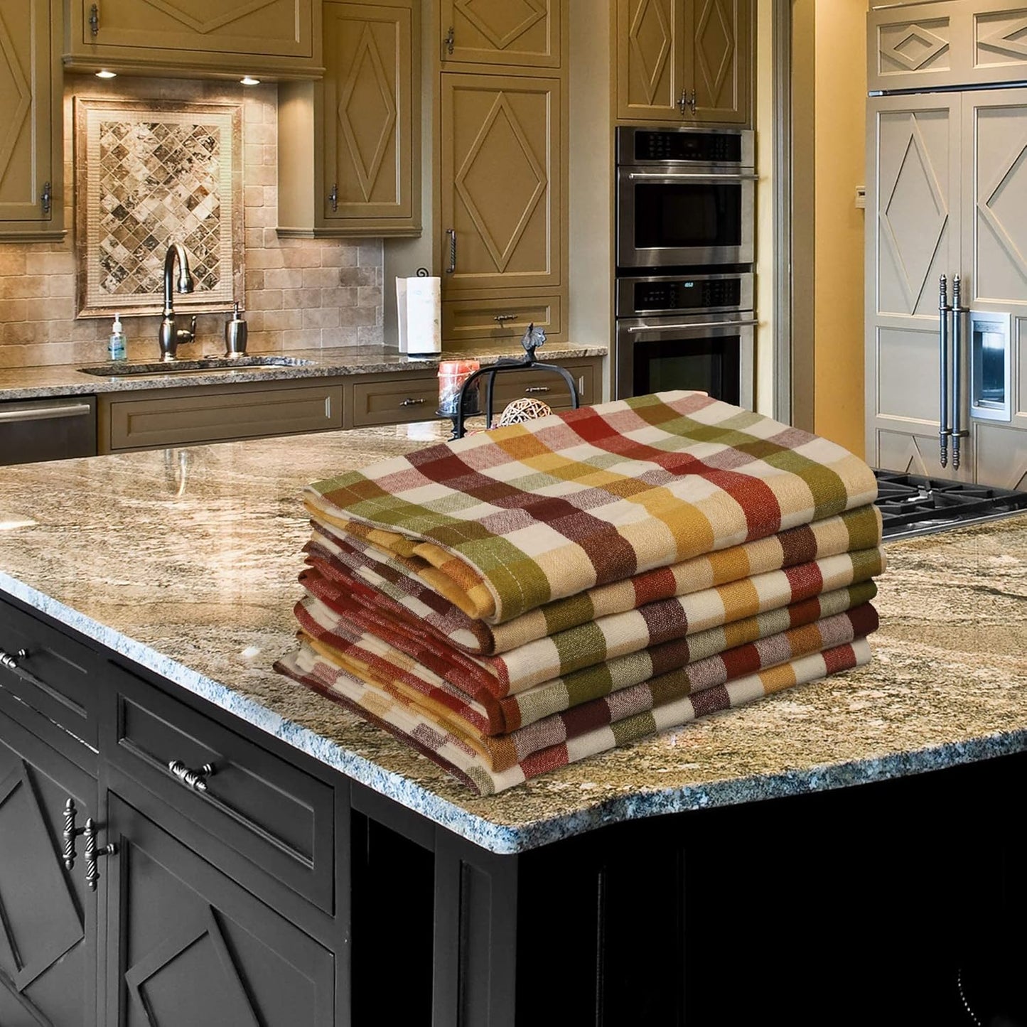 Kitchen Towels Set of 6 Multiolor Buffalo Checks 20X30 Inches, Soft Premium Cotton Highly Absorbent Towels, Washable & Reusable Tea Towel, Quick Drying Dish Cloths with Mitered Corner Towels