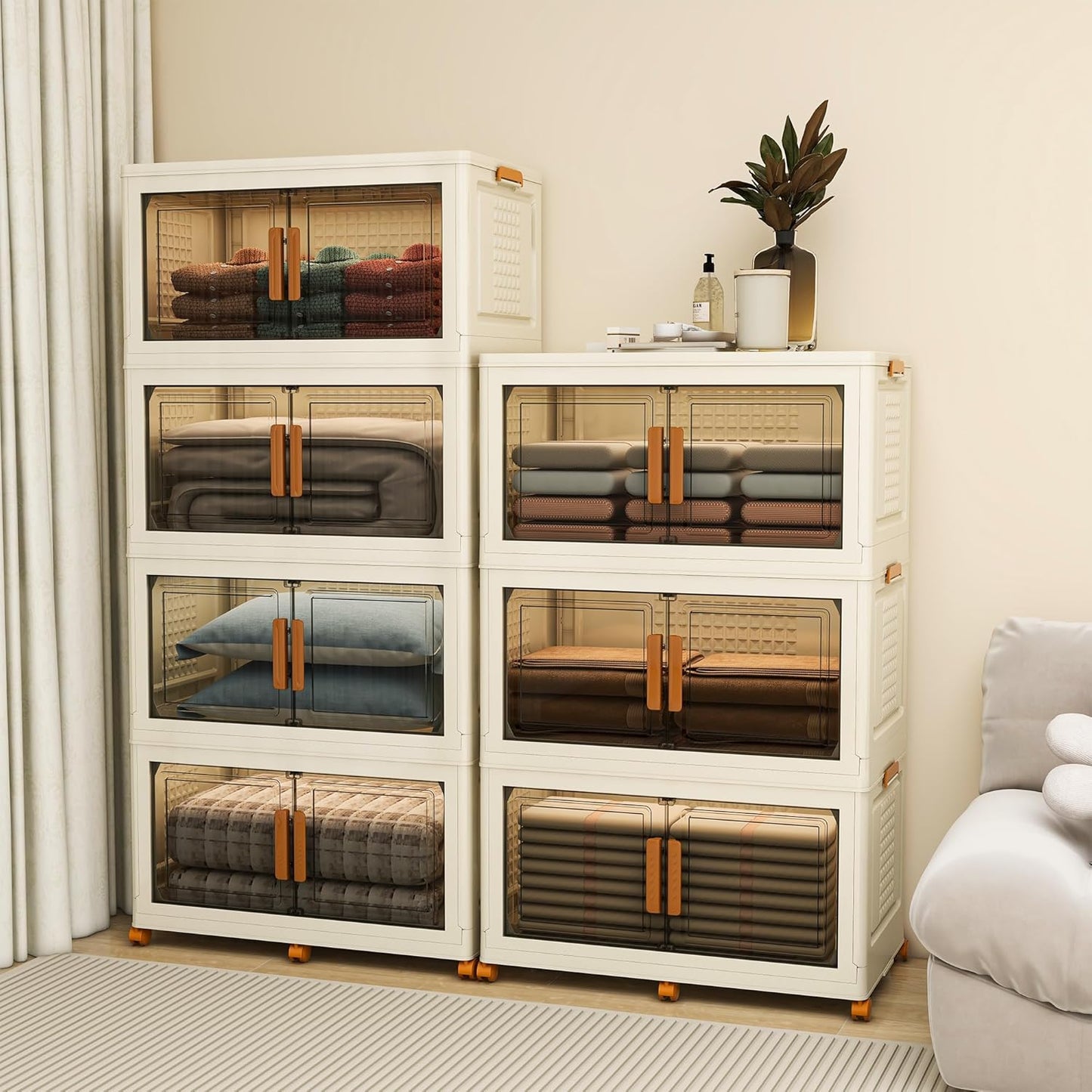 4 Tier Extra Large Stackable Storage Bins with 1 Lid 155 QT/Tier, Collapsible Plastic Box Storage Bin with Wheels, Home Containers Boxes Closet Organizers for Living Room, Office, Dorm