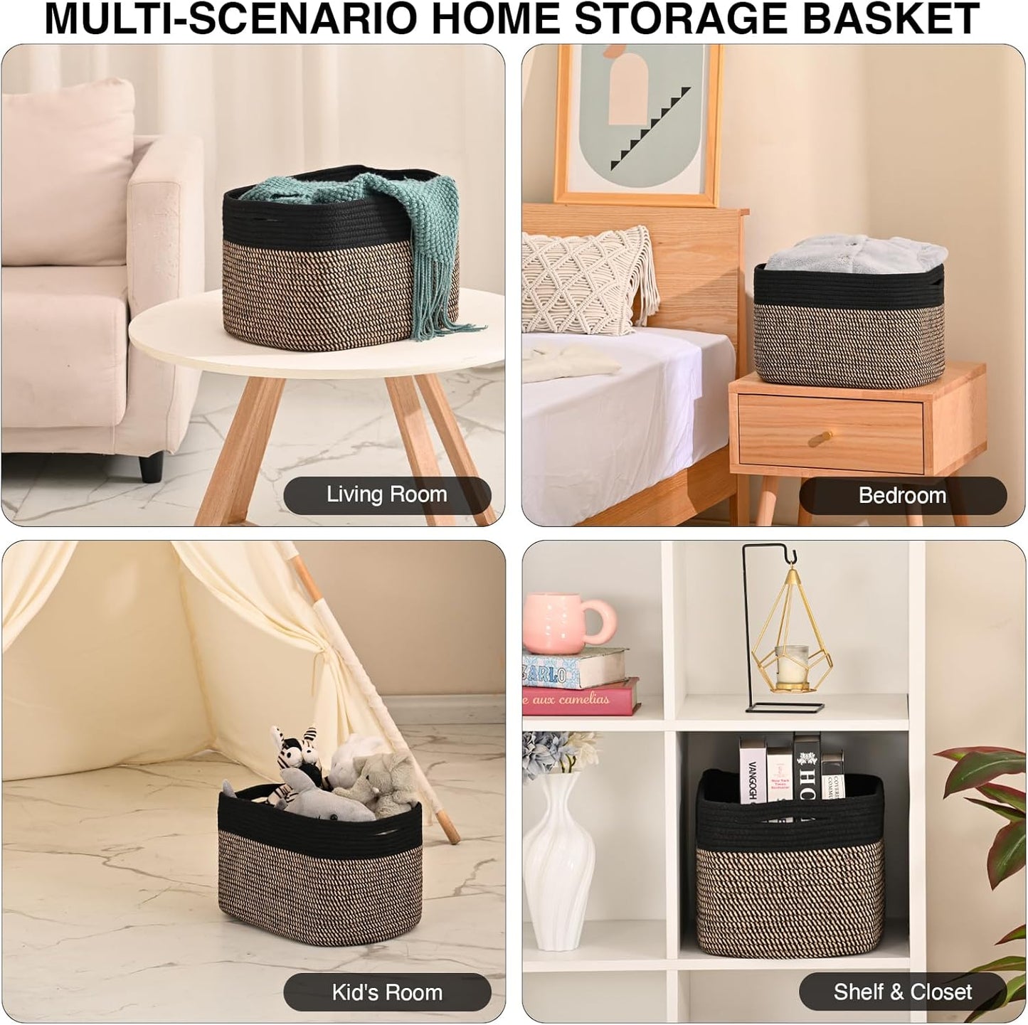 Woven Cotton Rope Storage Basket for Organizing, Cute Decorative Baskets for Gifts Empty, Organizer Bins for Dog Toy, Baby Laundry, 15“×11”×9.5“, Jute & Black