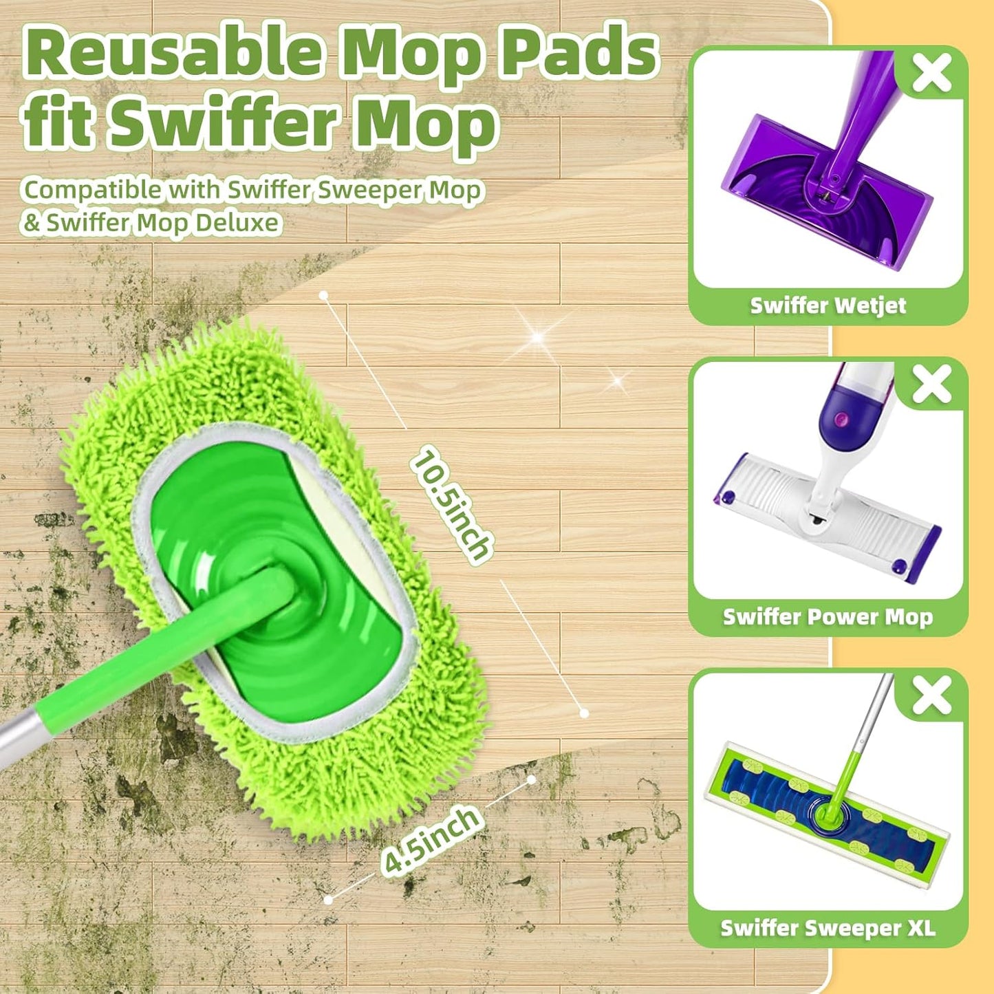 Reusable Microfiber Mop Pads Compatible with Sweeper Mop, Washable Wet Pads Refill & Highly Absorbent Dry Sweeping Cloths - Chenille Mop Pads for All Sealed Floors Cleaning (Mop is not Included)