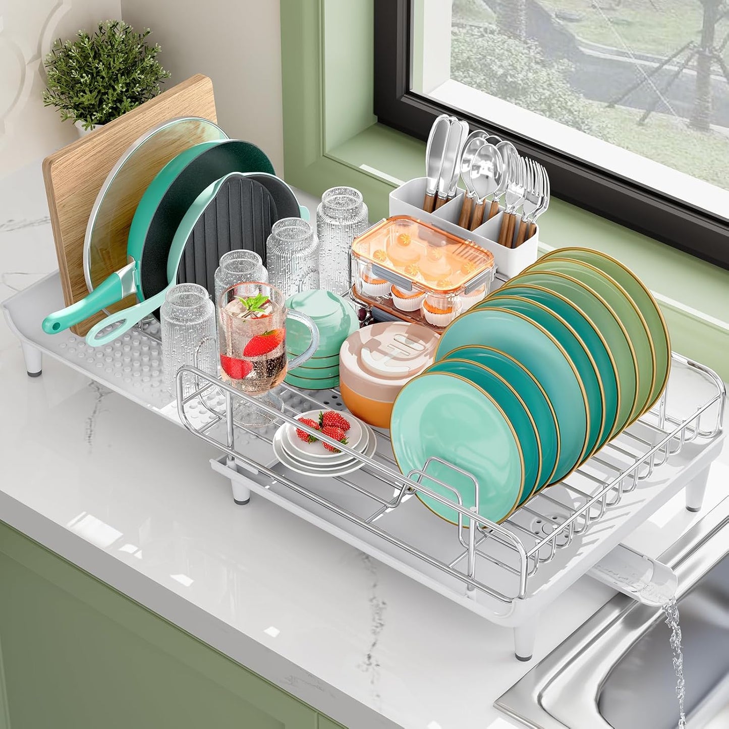 Expandable Dish Drying Rack, Foldable Dish Rack for Kitchen Counter, Stainless Steel Collapsible Dish Drainer Racks with Cutlery Holder, White