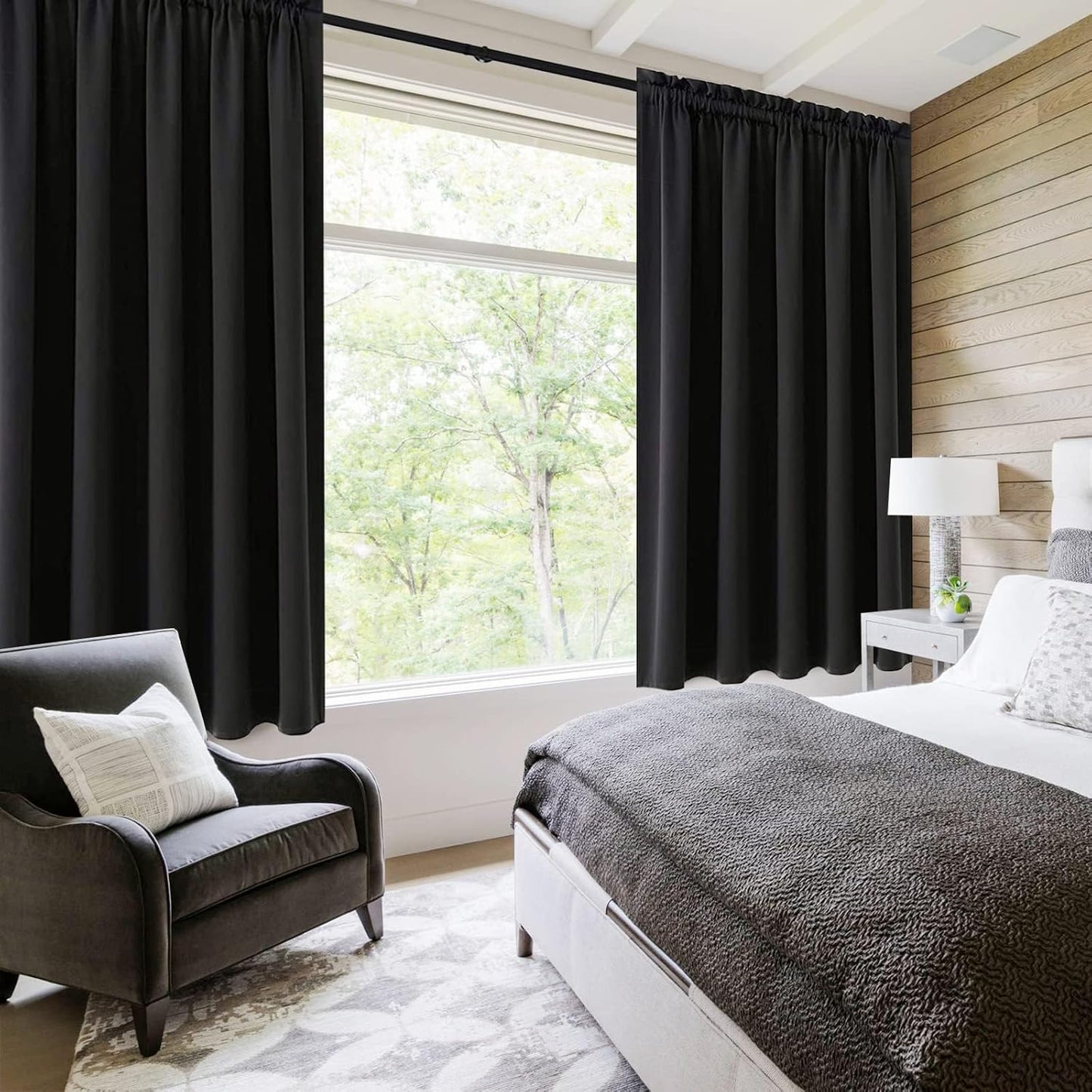 DWCN Blackout Curtains for Living Room Thermal Insulated, Energy Saving & Noise Reducing Bedroom Curtains, Black, W 70x L 63 Inch, Set of 2 Rod Pocket Curtain Panels