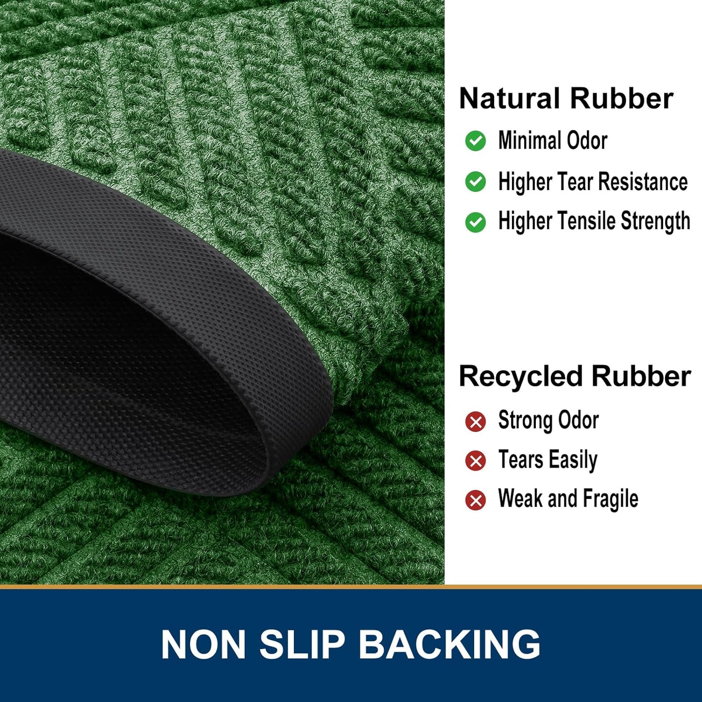 Smiry Front Door Mat Outside Entrance, Heavy Duty Outdoor Indoor Natural Rubber Doormat, Non Slip, Trap Dirt and Moisture, Easy Clean, Low Profile Patio Porch Entryway Mat, 59x23, Green