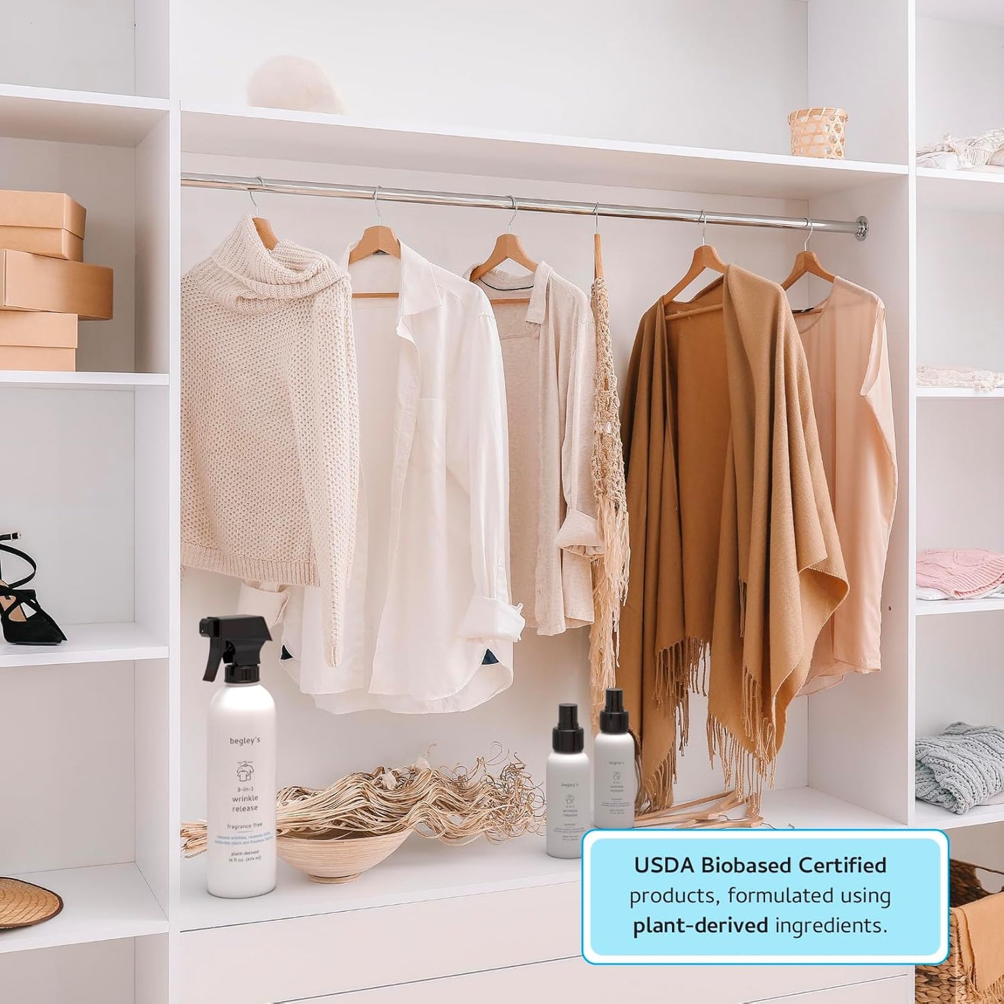 Begley's 3-in-1 Wrinkle Remover, Quick Fix Wrinkle Release, Static Cling Remover, Odor Eliminator and Fabric Refresher Spray - USDA Certified Biobased - Fragrance-Free, 16 oz