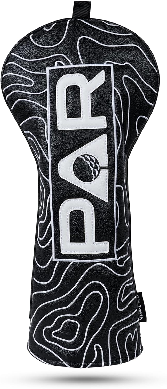 Big Teeth Golf Club Covers Full Set Driver Headcover Fairway Wood Hybrid Golf Club Iron Head Covers, Topographic Edition Putter Cover Leather Golf Head Covers Pure Black, Gifts for Men