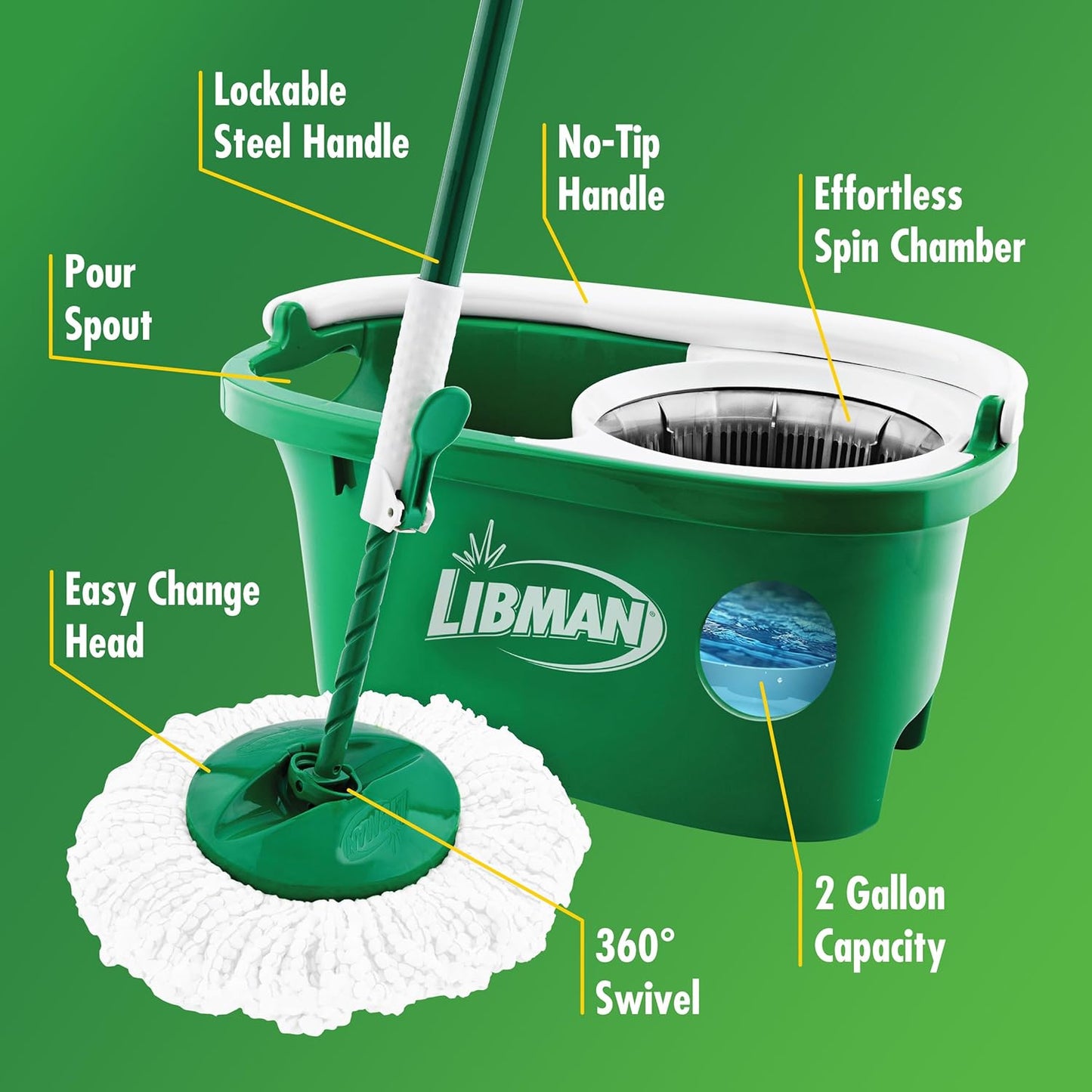 Libman Tornado Spin Mop System, Spinning Floor Mopping and Bucket with Wringer Set for Home, Hardwood, Laminate, Tile Cleaning, Includes 1 Machine Washable Replacement Head Refills (2 Total)