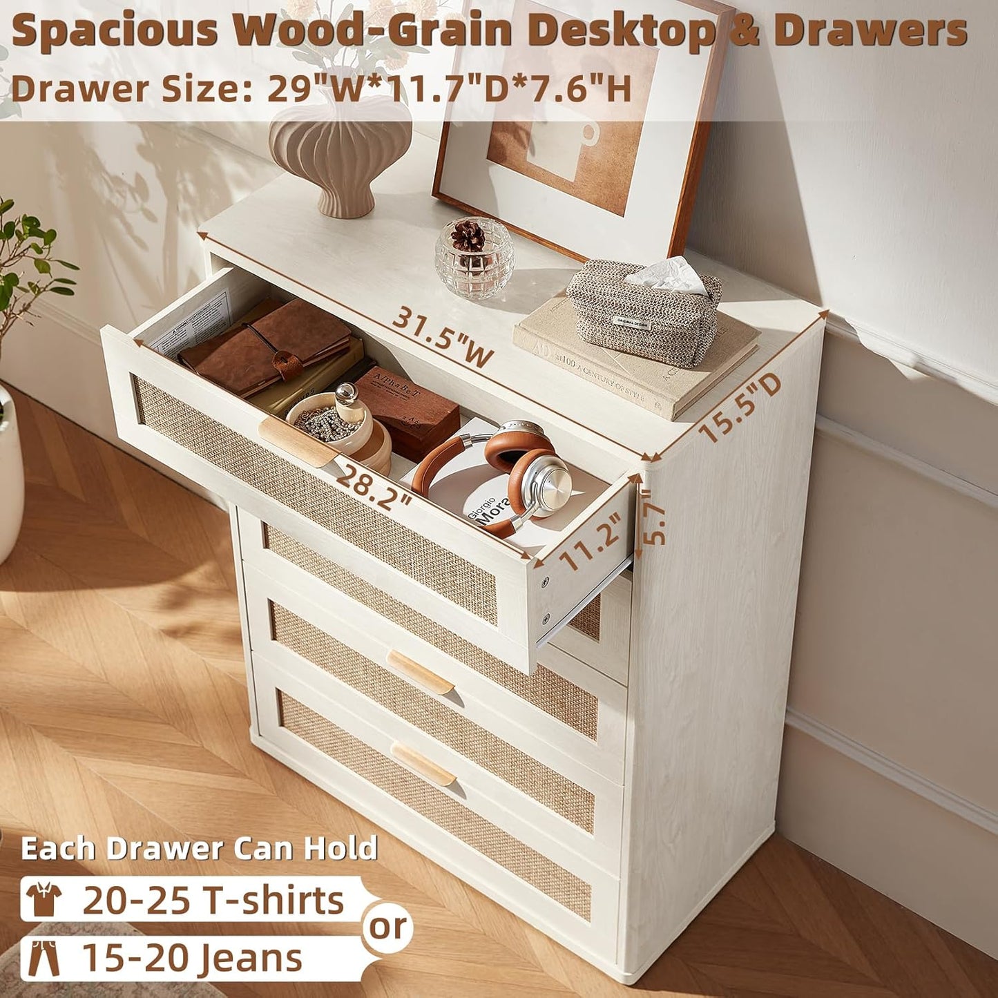 LEYAOYAO White Dresser for Bedroom, 41" Tall Chest of Drawers, Modern 5 Drawers Boho Rattan Dressers with Storage, Dresser Wooden Closet Organizer for Living Room, Hallway