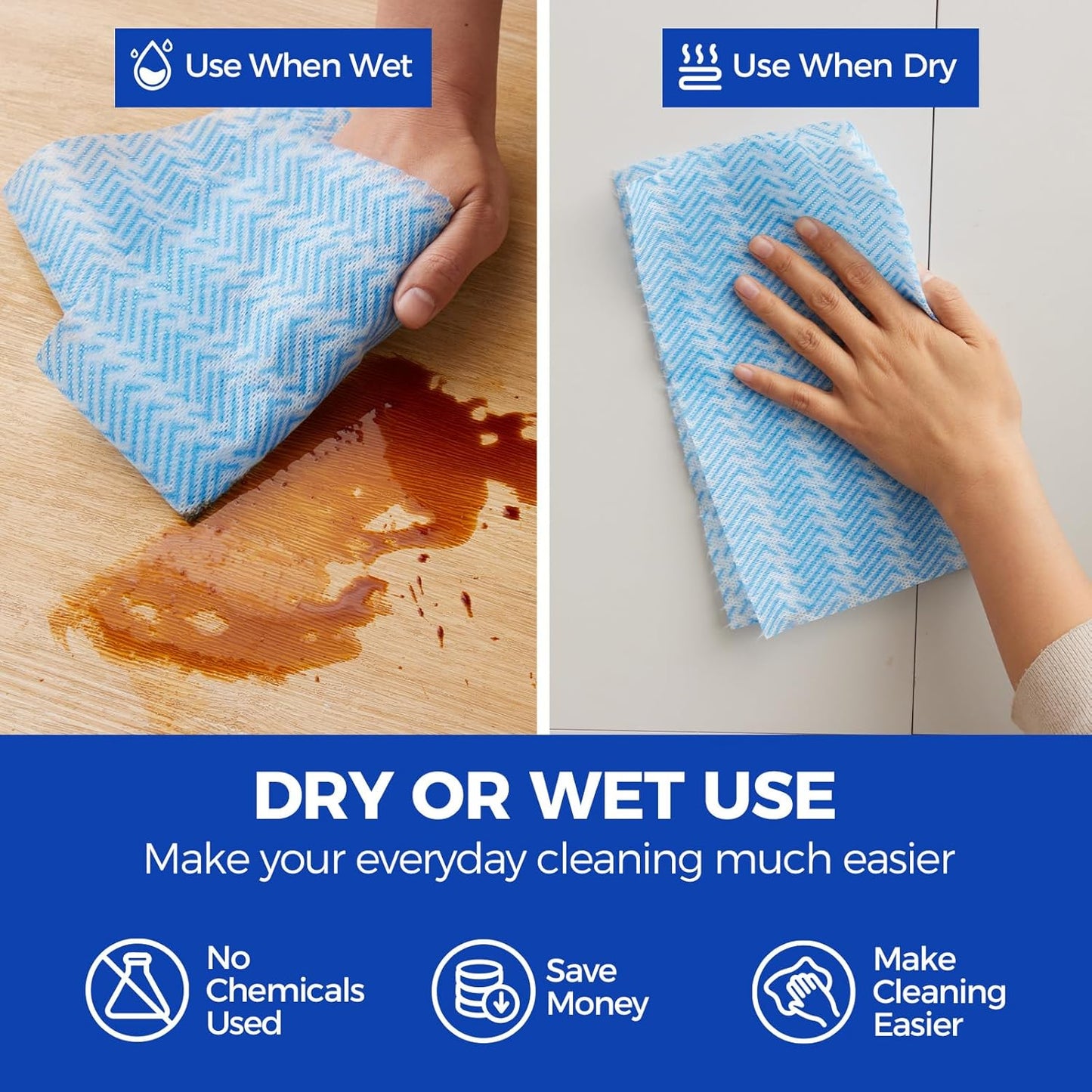 Disposable Cleaning Rolls Handi Wipes Reusable Cleaning Cloths Reusable Dry Kitchen Towels Dish Cloths Dish Towels 2 Roll, Total 200 Pcs, Blue