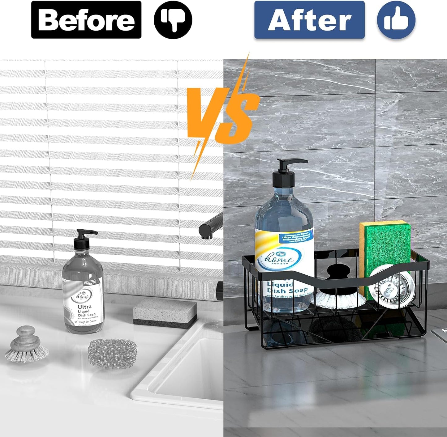 Vanwood Sponge Holder for Kitchen Sink with Auto Draining Tray, Sink Caddy Kitchen Sink Cocina Organizer, Self Drain Dish Soap Sponge Caddy for Counter