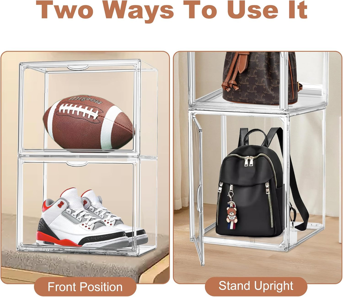 4Pack Clear Shoe Box Organizer, Acrylic Display Cases for Book Cosmetic Figures Collectibles Showcase, X-Large Bag Stackable Plastic Storage Bins with Magnetic Lid