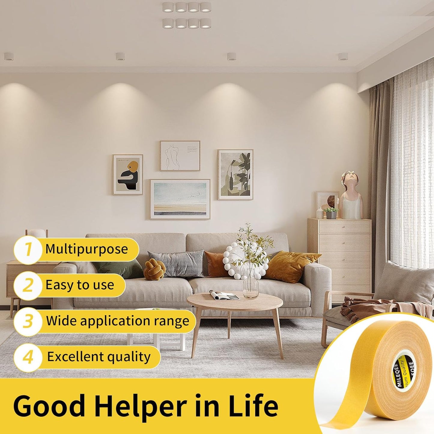 Double-Sided Tape Strong and Tough, Extra Large 3.2in x 66FT(20m), Durable Duct Cloth Carpet Rugs Fiberglass Mesh Tape, High Stickiness 2 Sided, Multipurpose Removable Residue-Free, Easy Tear