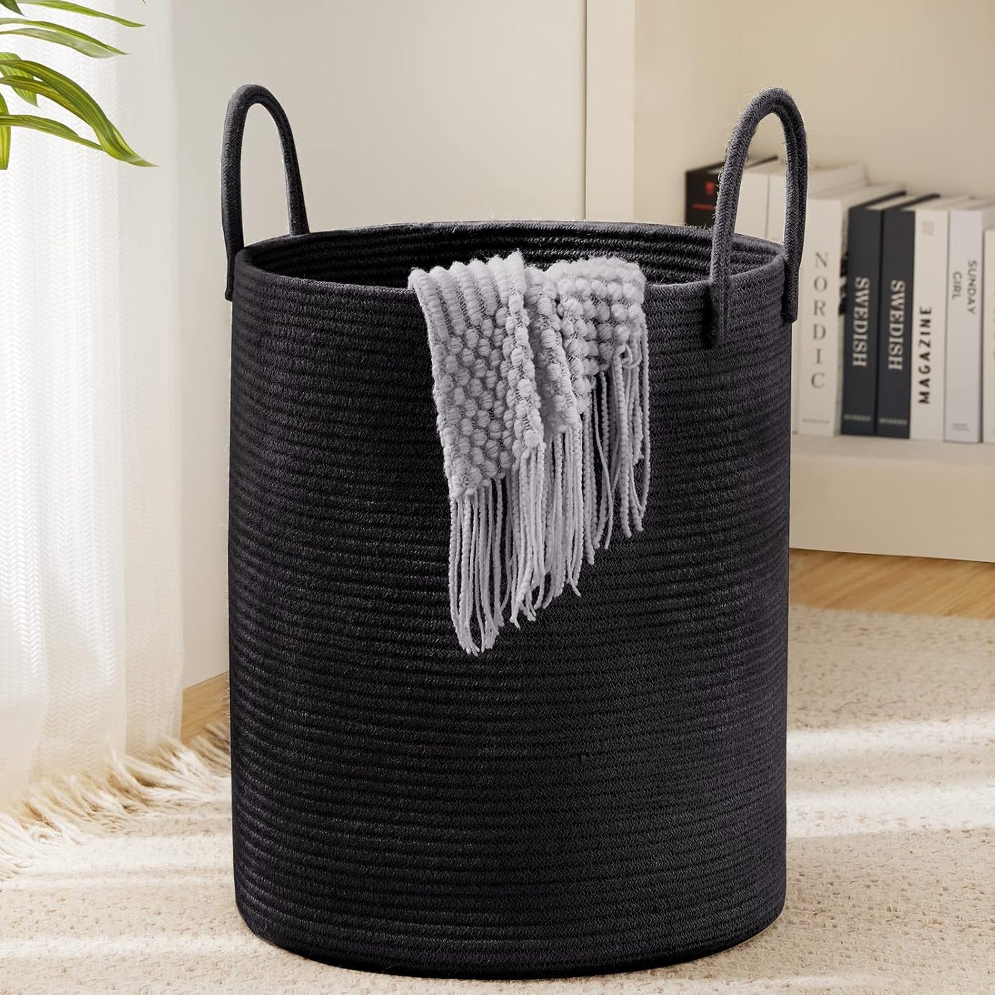 YOUDENOVA Woven Rope Laundry Hamper Basket, 72L Tall Luandry Basket, Baby Nursery Hamper for Blanket Storage in Bedroom-Large- Black