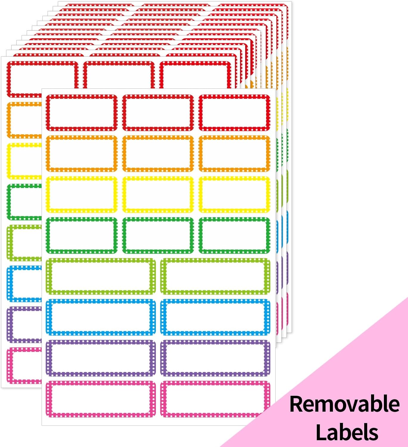 Removable Colored Labels Stickers, Self-Adhesive Rectangular Stickers Star Border Water/Oil/Tear Resistant for Storage/Classroom/Home (2 Size, 300 Labels)