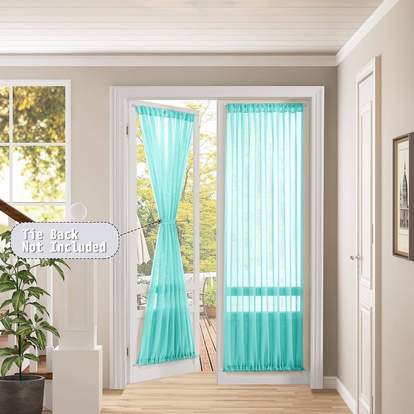Tollpiz Sheer Door Curtains Closet Linen Textured Curtains Sheer Doorway Light Filtering Voile Rod French Door Pocket Curtain Patio Door, 25 x 72 inches Long, Aqua Blue, Set of 1 Panel