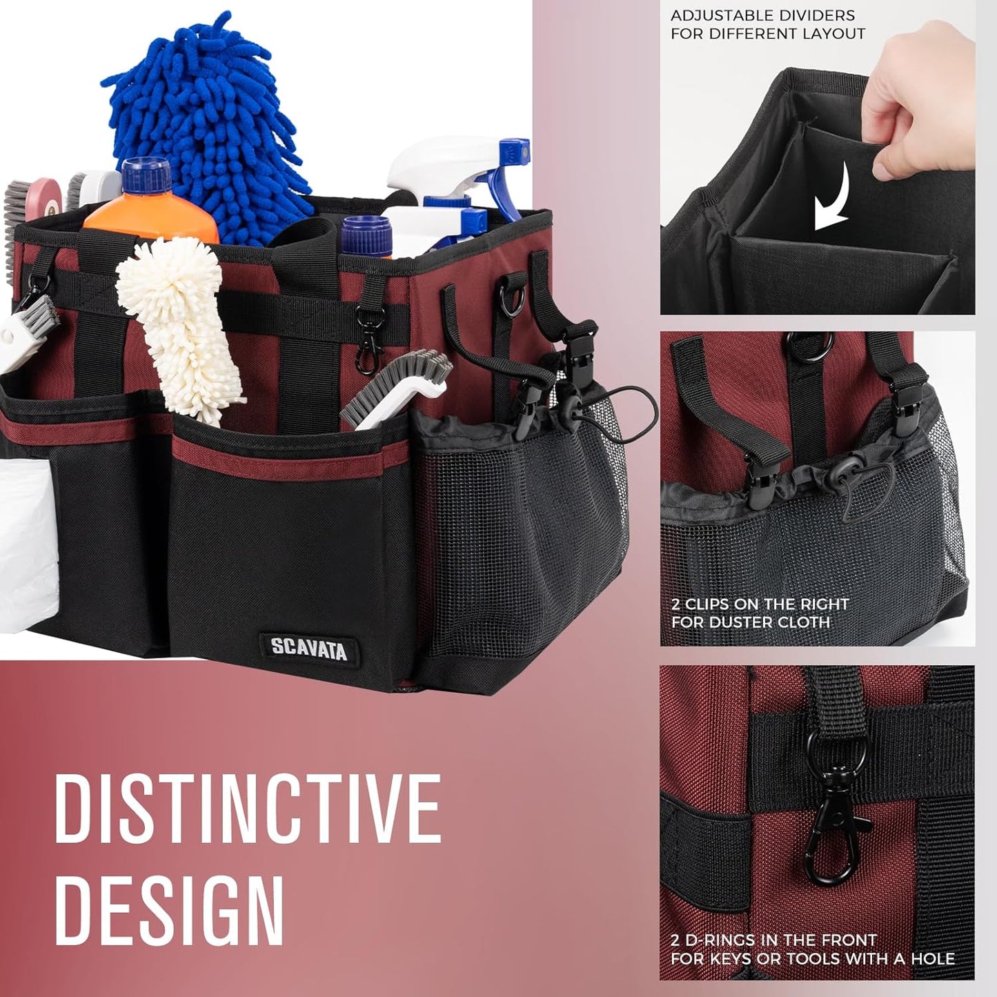 Compact Wearable Cleaning Caddy, Small Cleaning Caddy Supplies Organizer with Handle & Shoulder Straps for Housekeepers, Under Sink & Car Cleaning Tool Organizers Bag (AncoraRed)