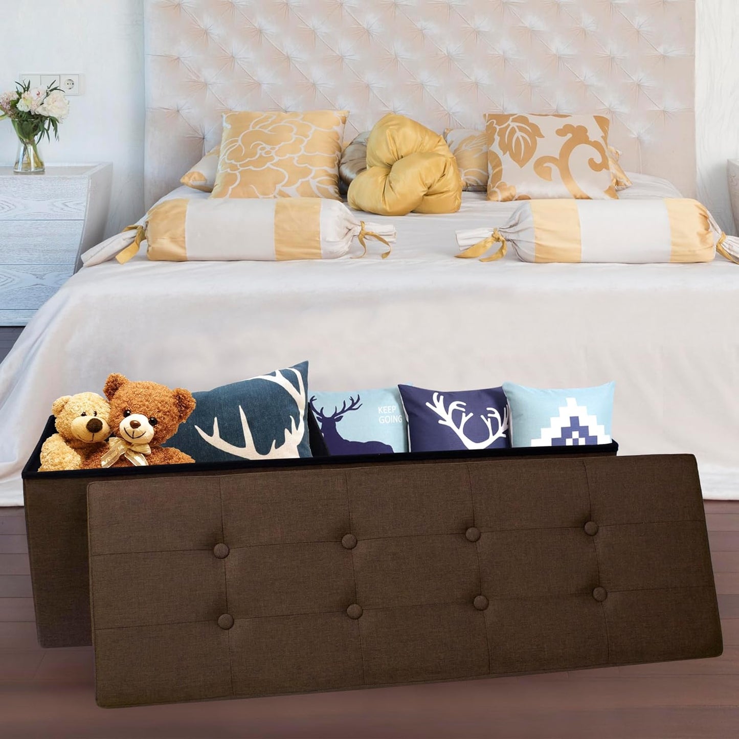 GLAXYFUR 43 Inches Folding Storage Ottoman Bench, Storage Chest, Footrest for Entryway, Living Room, Holds up to 660 lb, Brown