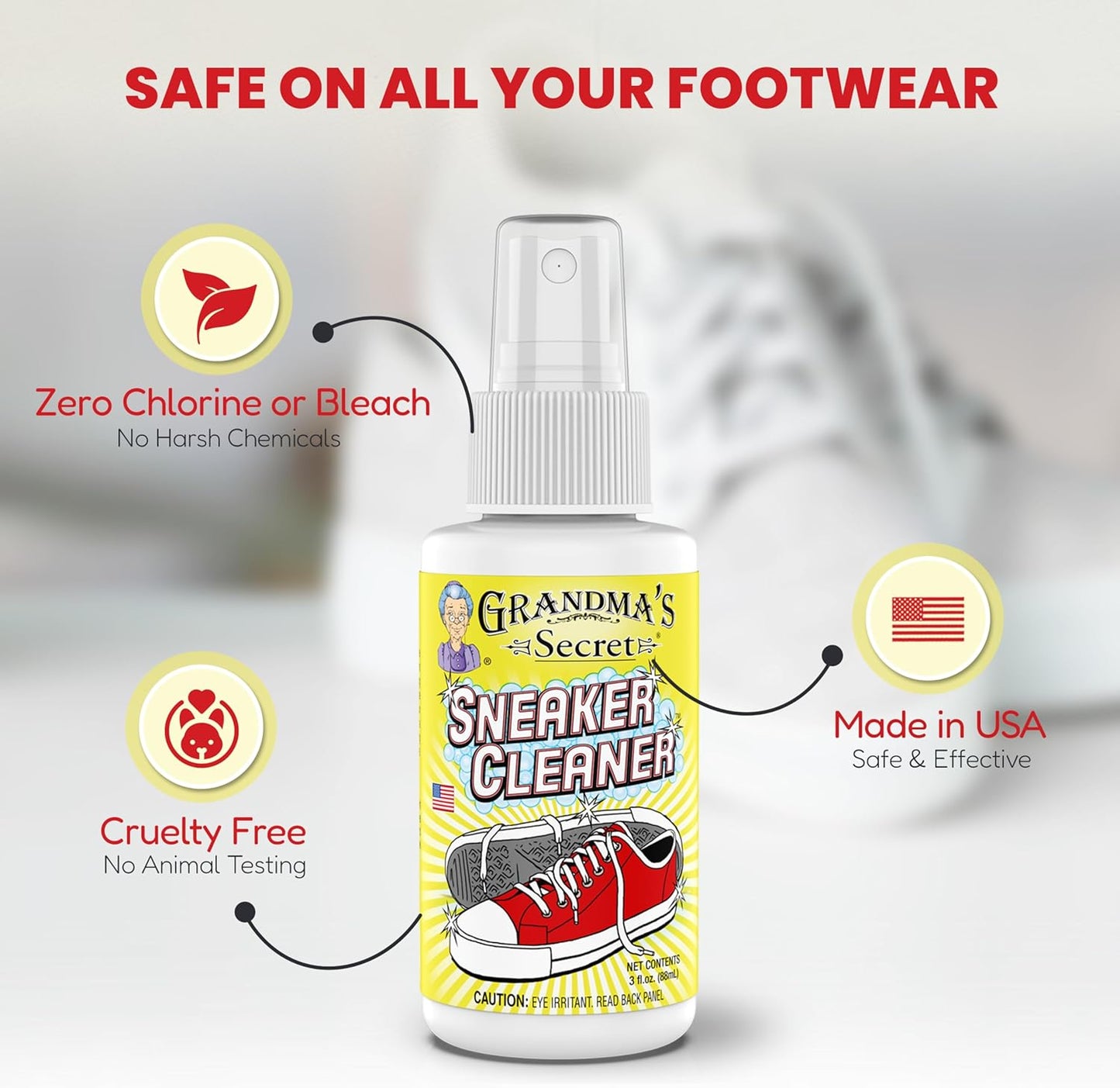 Grandma's Secret Sneaker Cleaner - Shoe Cleaner for Rubber, Canvas and Leather - Stain Remover Spray Removes Dirt, Grime and Grass - 3oz Sneakers Cleaner for Outdoor Shoes, Slippers and Moccasins