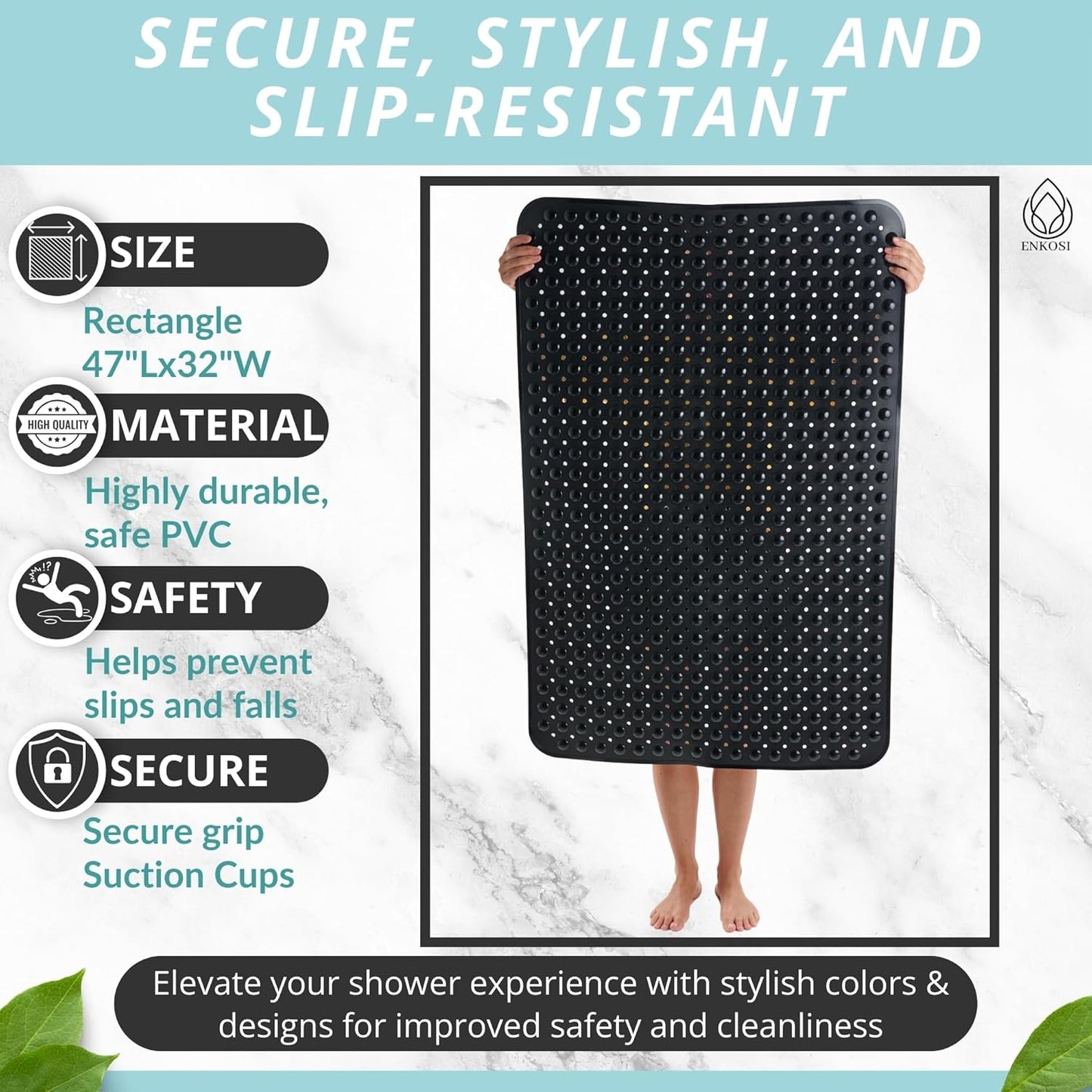 ENKOSI Extra Large Shower Mat Non Slip - 47 x 32 inch - XL Bathroom Shower Mat - Large Shower Matts for Shower Stall Floors - Secure Suction Cups and Drain Holes (47x32 Black)