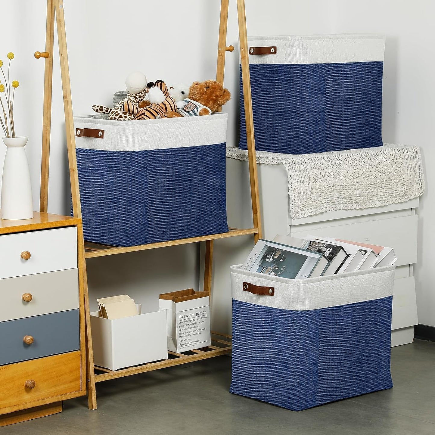 DULLEMELO Large Storage Basket 17"x12"x15",Fabric Organizer Bin for Storage Clothes, Toys, Books,Storage Bin with Handles for Bedroom, Closet, Nursery (White&Blue,1 Pack)