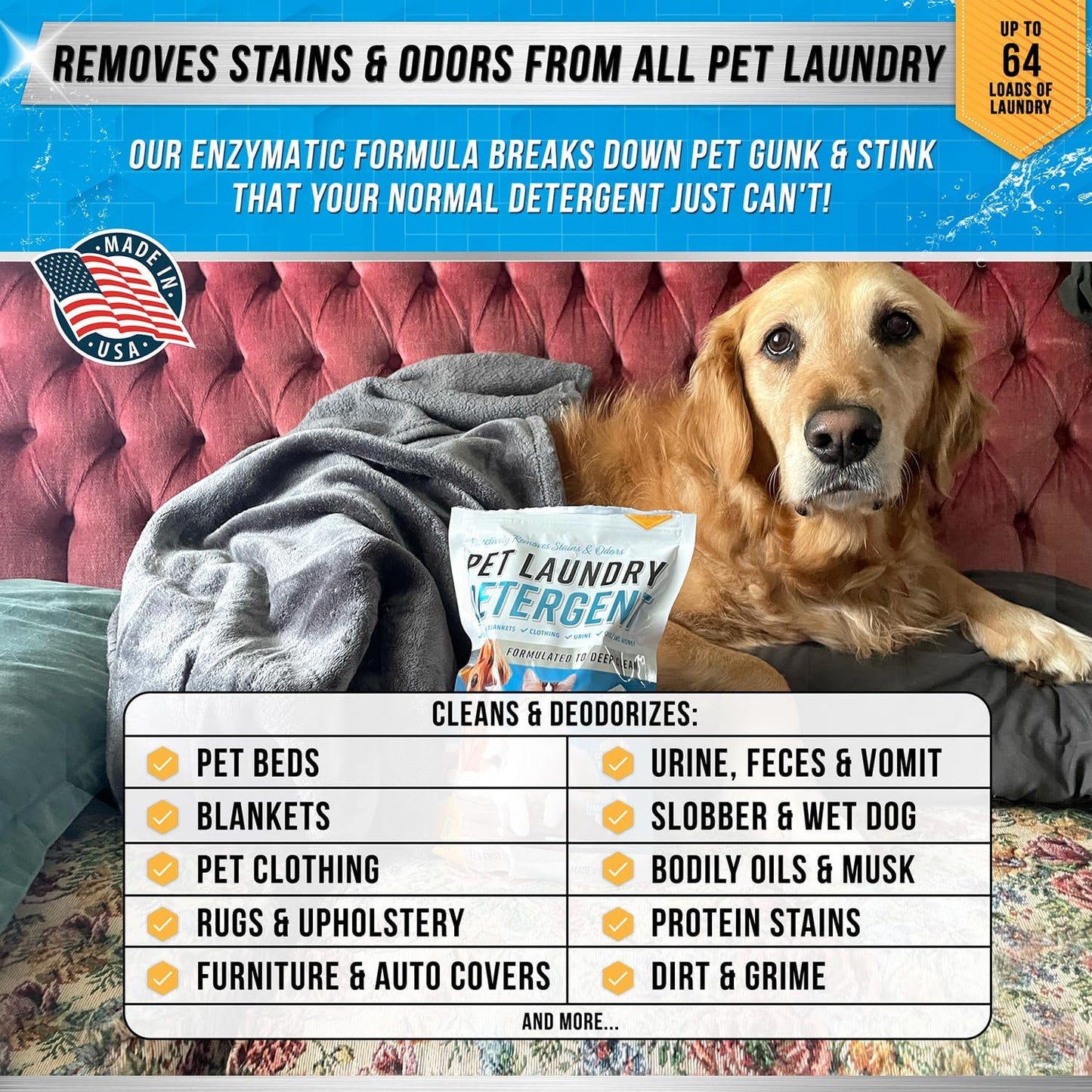 Pet Laundry Detergent Odor Remover - ACTIVE Enzyme Based Powder Detergent for Dogs Beds, Cat Pee, HE Washer Friendly Natural Enzymatic Deodorizer, Urine, Smell, Dog Drool, Stain Eliminator - 64 Loads