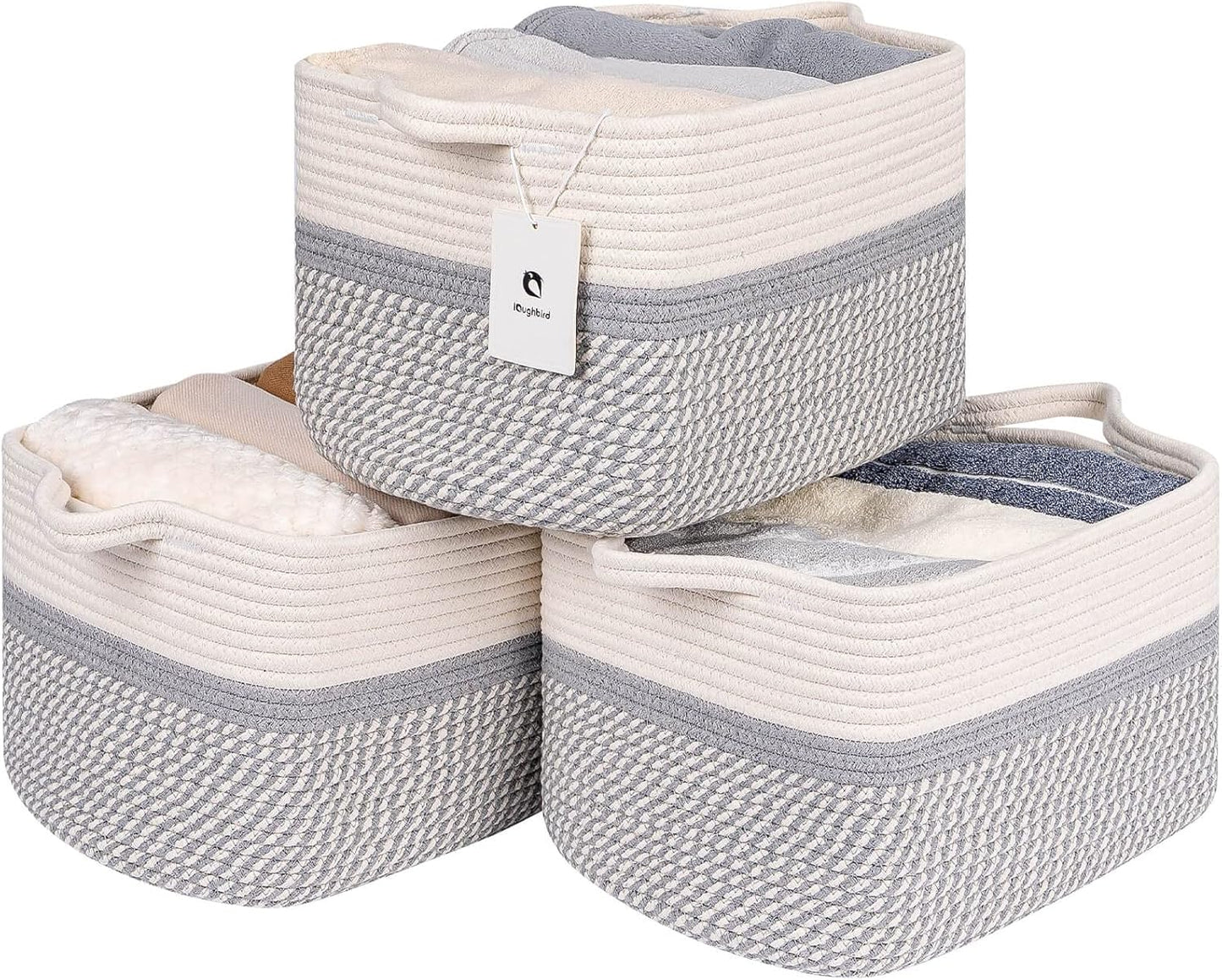 Medium and Large Woven Basket//With Handle, Used for Toys and Fabric Storage Basket used for Storing xl Storage Box, Decorative Storage Box Room 2pack (14L*10W*8.6H White/Gray, 14Lx10Wx8.6H)