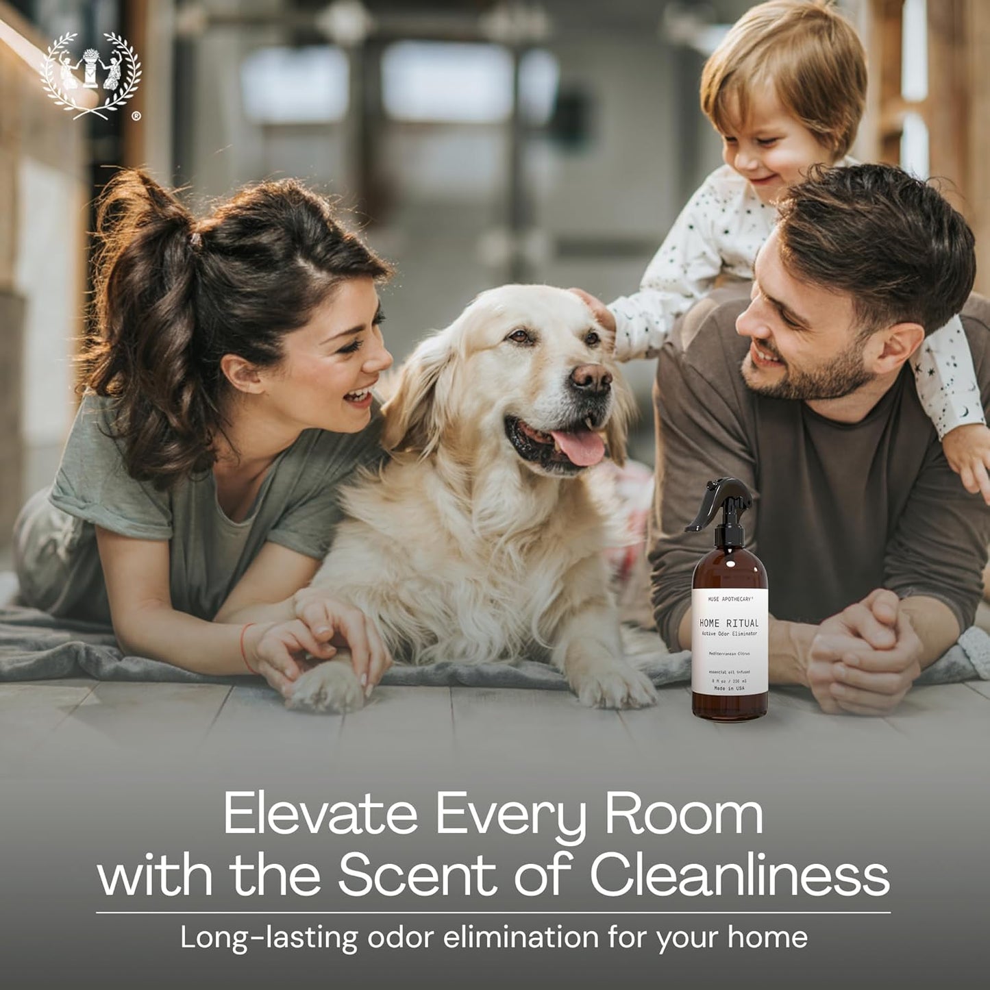 Muse Apothecary Home Ritual Active Odor Eliminator Spray - Furniture Deodorizer Spray & Bathroom Odor Eliminator for Home - Essential Oil Air Freshener - 4oz, Lavender Fields