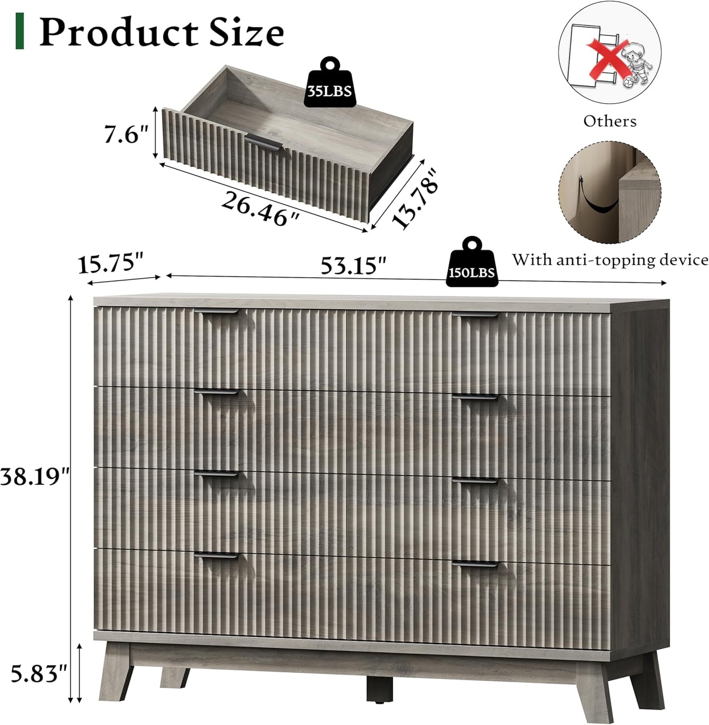 Fluted Dresser with 8 Drawers, 54" Wide Wood Chest of Drawers with Metal Handle, Wooden Dresser TV Stand, Modern Closet Clothes Storage Organizer for Bedroom, Living Room, Hallway, Light Grey