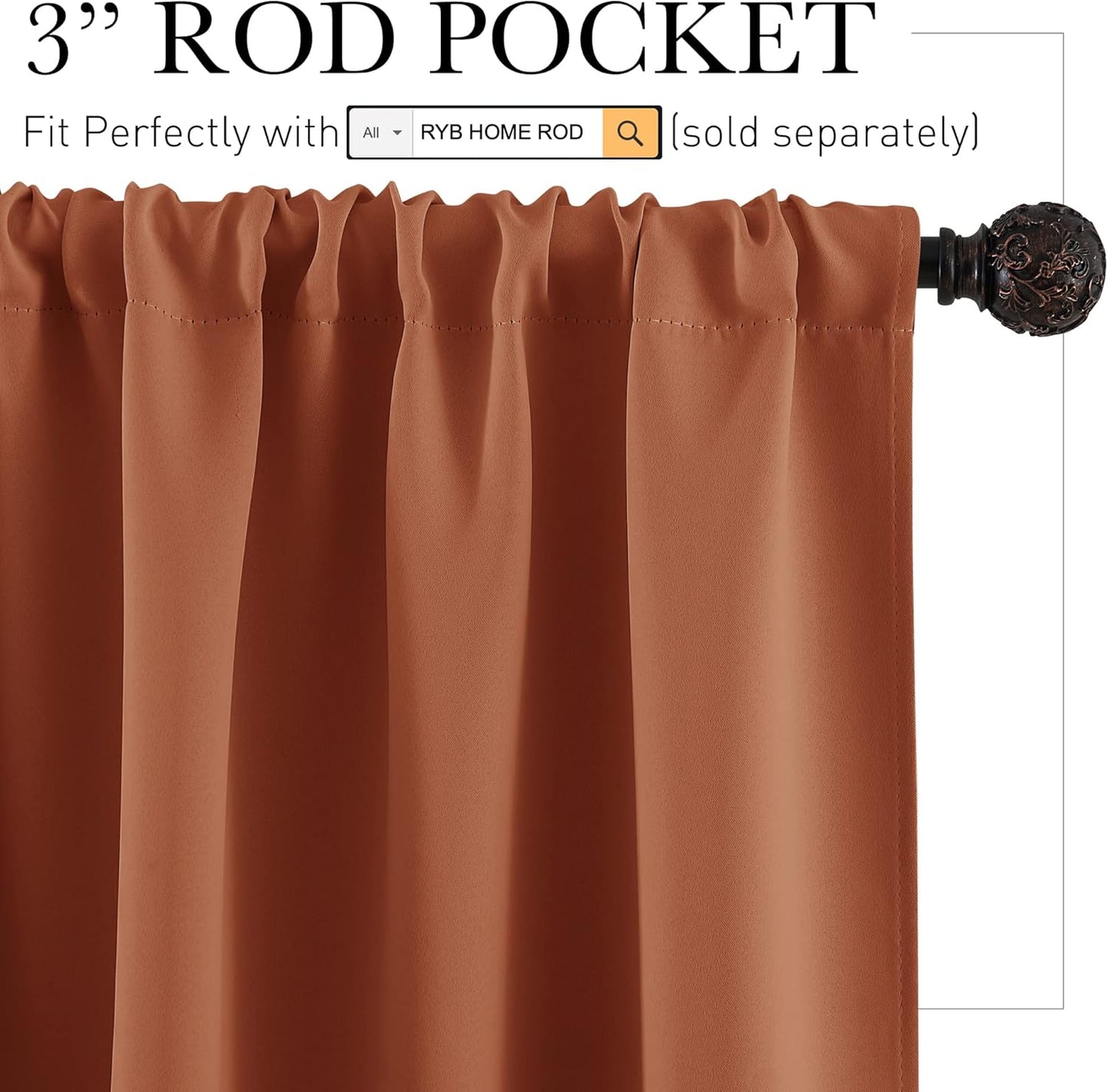 RYB HOME Blackout Curtains for Living Room, All Lights Blocking Rod Pocket Design Thermal Insulated Privacy Curtains Draperies for Bedroom Guest Room Playroom, W 42 x L 63 inch, 2 Panels, Burnt Orange