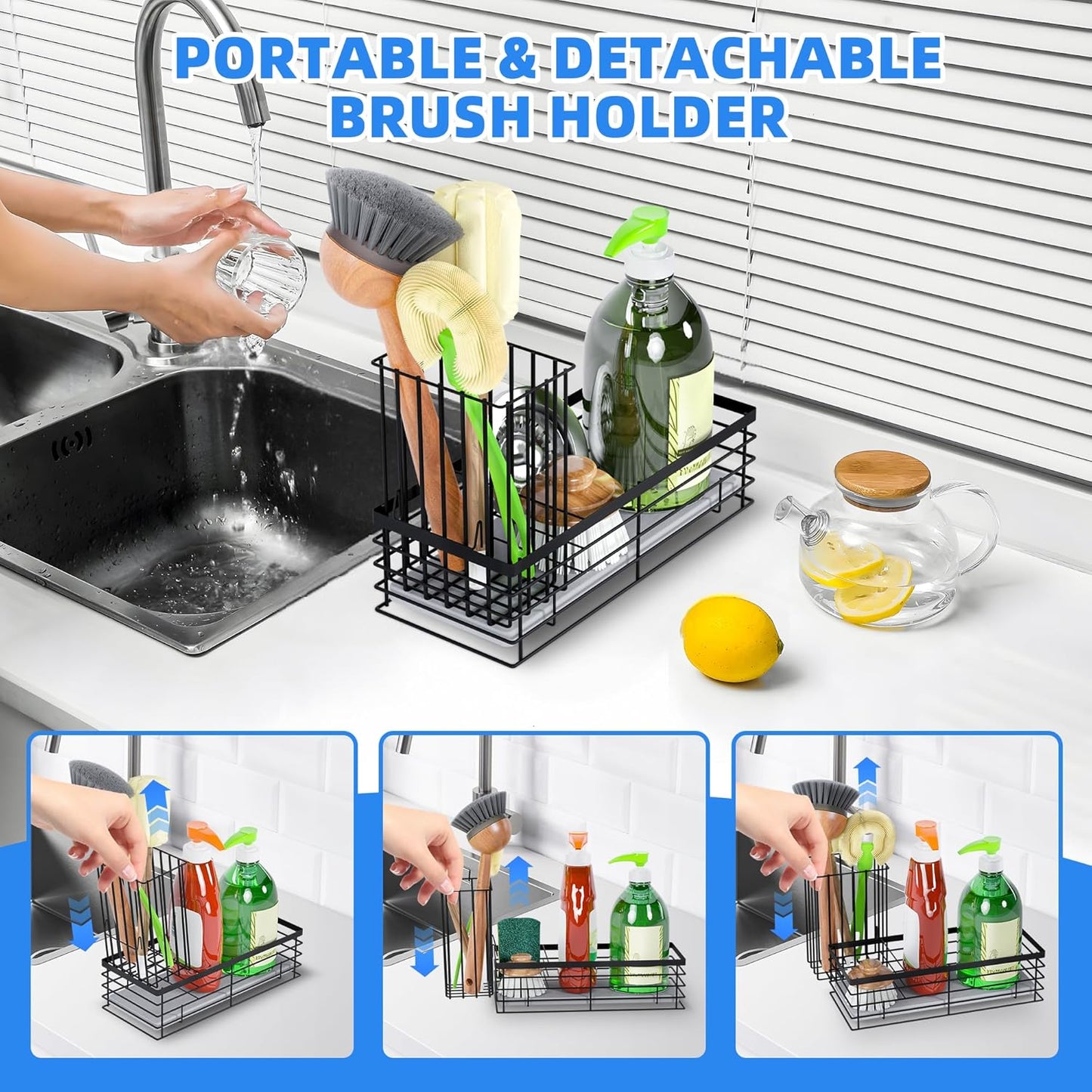 Sponge Holder for Kitchen Sink with Instant Drying Stone, Sponge Caddy, Stainless Steel Sink Caddy Organizer with Brush Holder, Dish Soap Dispenser, Kitchen Sink Accessories & Storage Rack