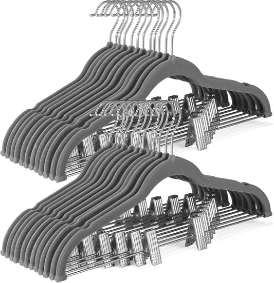 HOUSE DAY Velvet Skirt Hangers 36 Pack, Gray Velvet Hangers with Adjustable Clips, Space Saving Slim Velvet Pant Hangers, Heavy Duty Shorts Hangers, Non Slip Clip Hangers for Pants, Skirts, Shorts