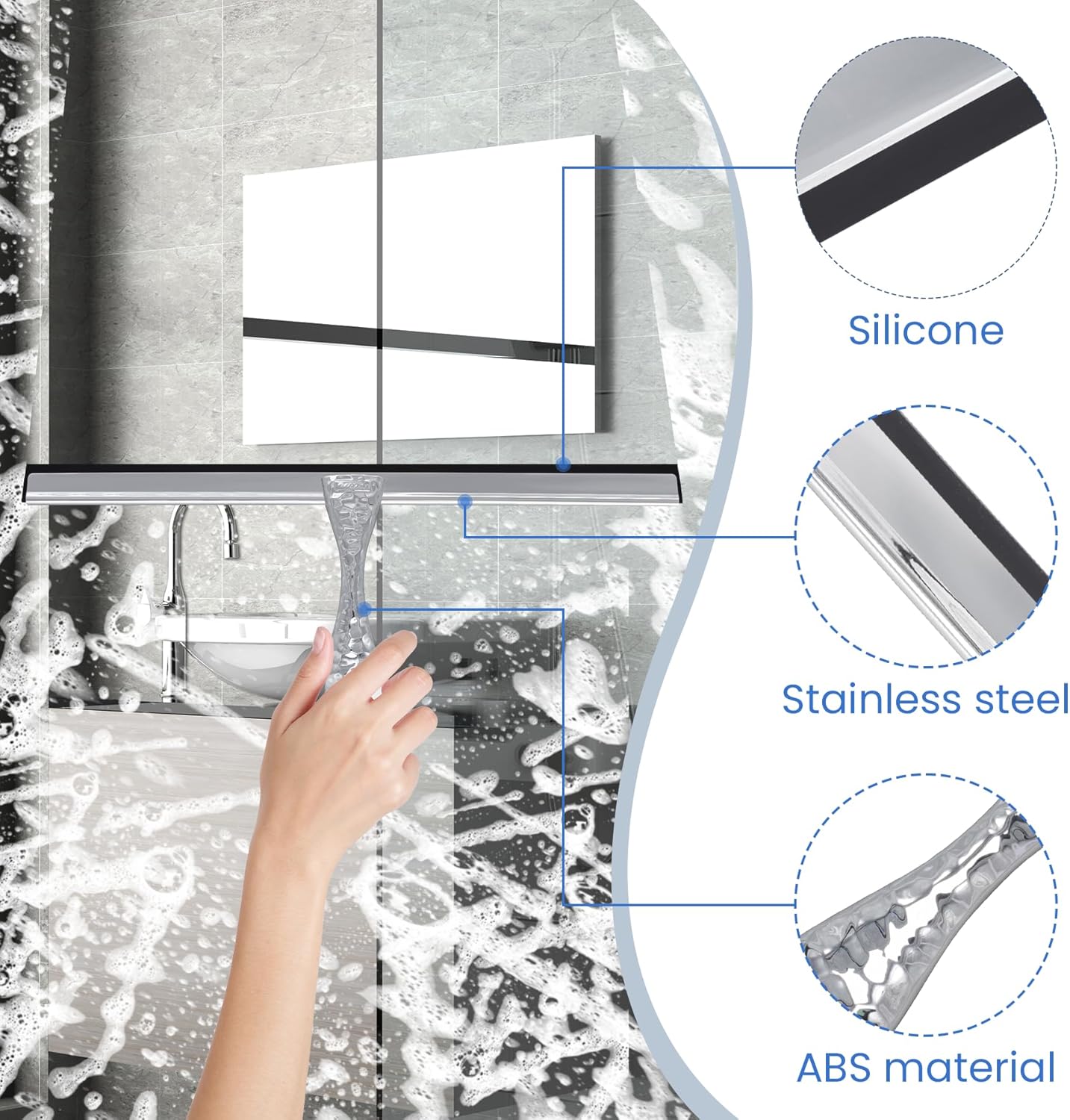 2-Pack Shower Squeegee for Glass Doors, 10 inch Silver Stainless Steel & 5 inch Pink Mini with 2 Hooks, Non-Slip Hammered Handle, Silicone Wiper for Shower, Bathroom, Tile and Mirror