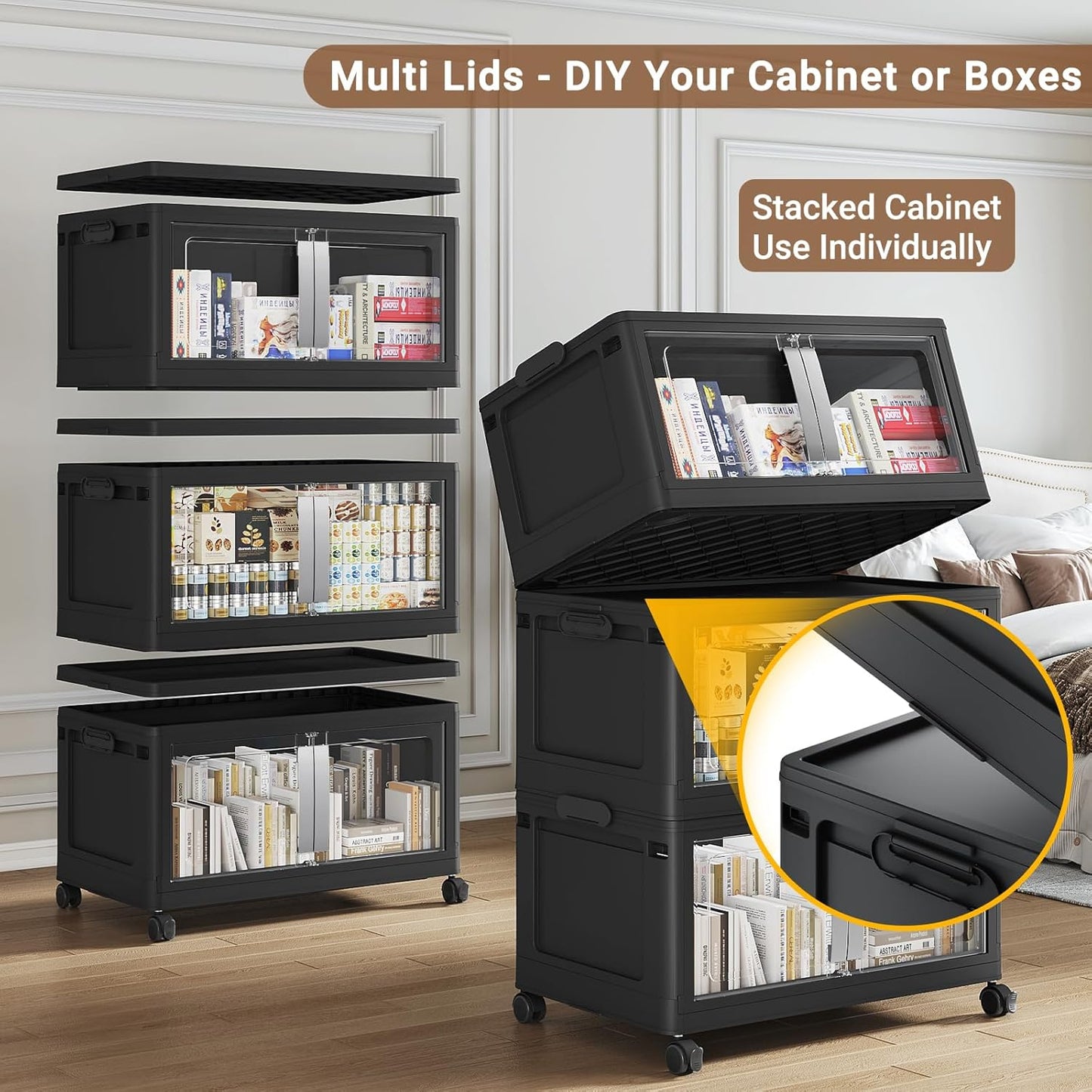 BROVIEW 160QT Stackable Storage Bins with Lids, 40Gal Extra Large Collapsible Storage Box with Wheel, Plastic Storages with Clear Door Open Front for Home Kitchen Garage, Black-1pack