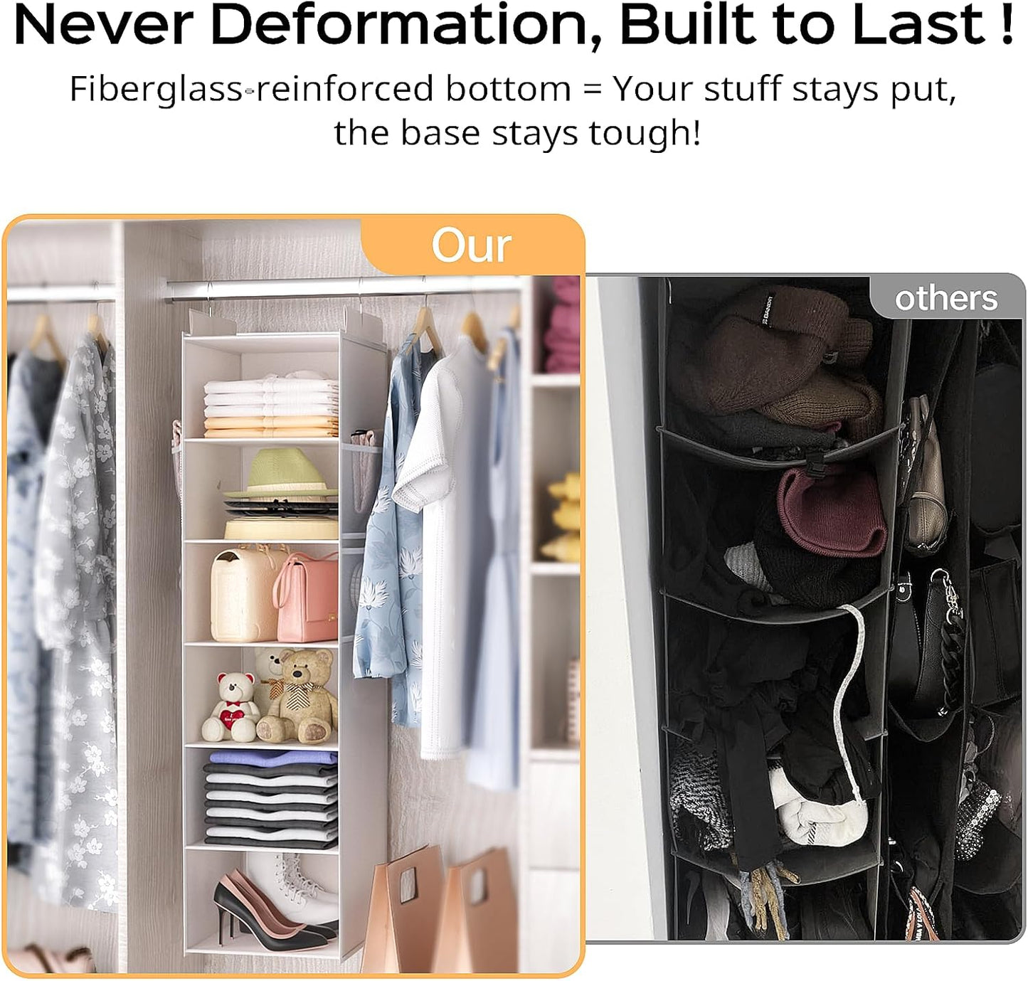 Extra Deep Hanging Closet Organizer with Shelves and Oversized Mesh Pockets, Heavy-Duty Structure, No Deformation, Max Storage for Clothes, Shoes, Hats, Dorms and RVs,1-Pack (White, 6 Tier)