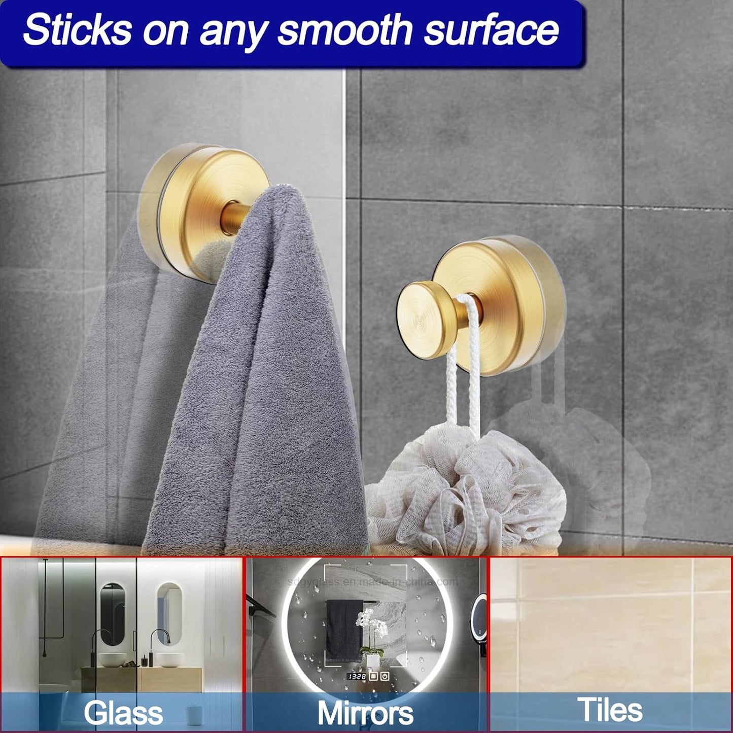 Suction Cup Hooks for Shower, Towel Hooks for Bathroom Window Glass, Bath Robe Looafh Hook for Hanging - 2 Pack, Gold