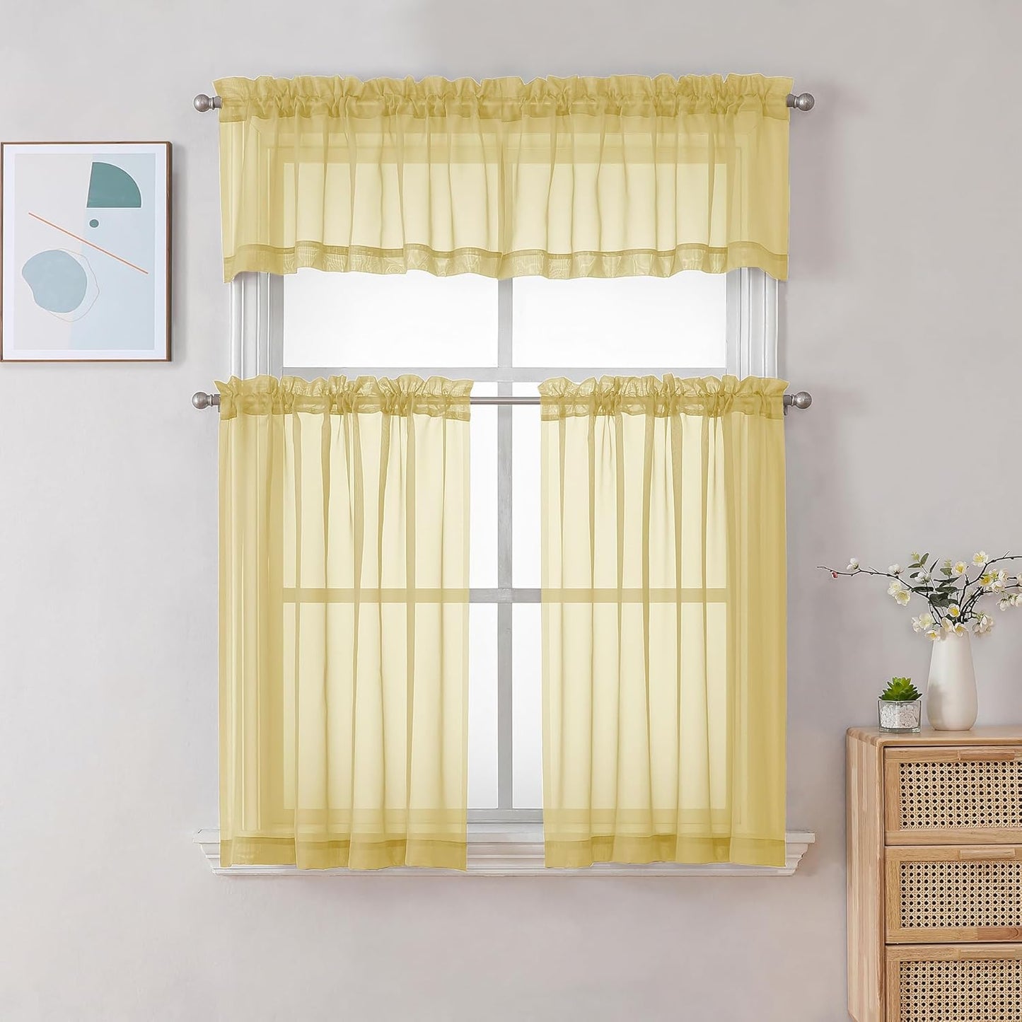 Chyhomenyc Yellow Sheer Curtains 30 inch Length 2 Panels, Light Filtering Voile Rod Pocket Short Window Curtians for Bathroom Living Room Farmhouse Small Windows, 42Wx30L inches