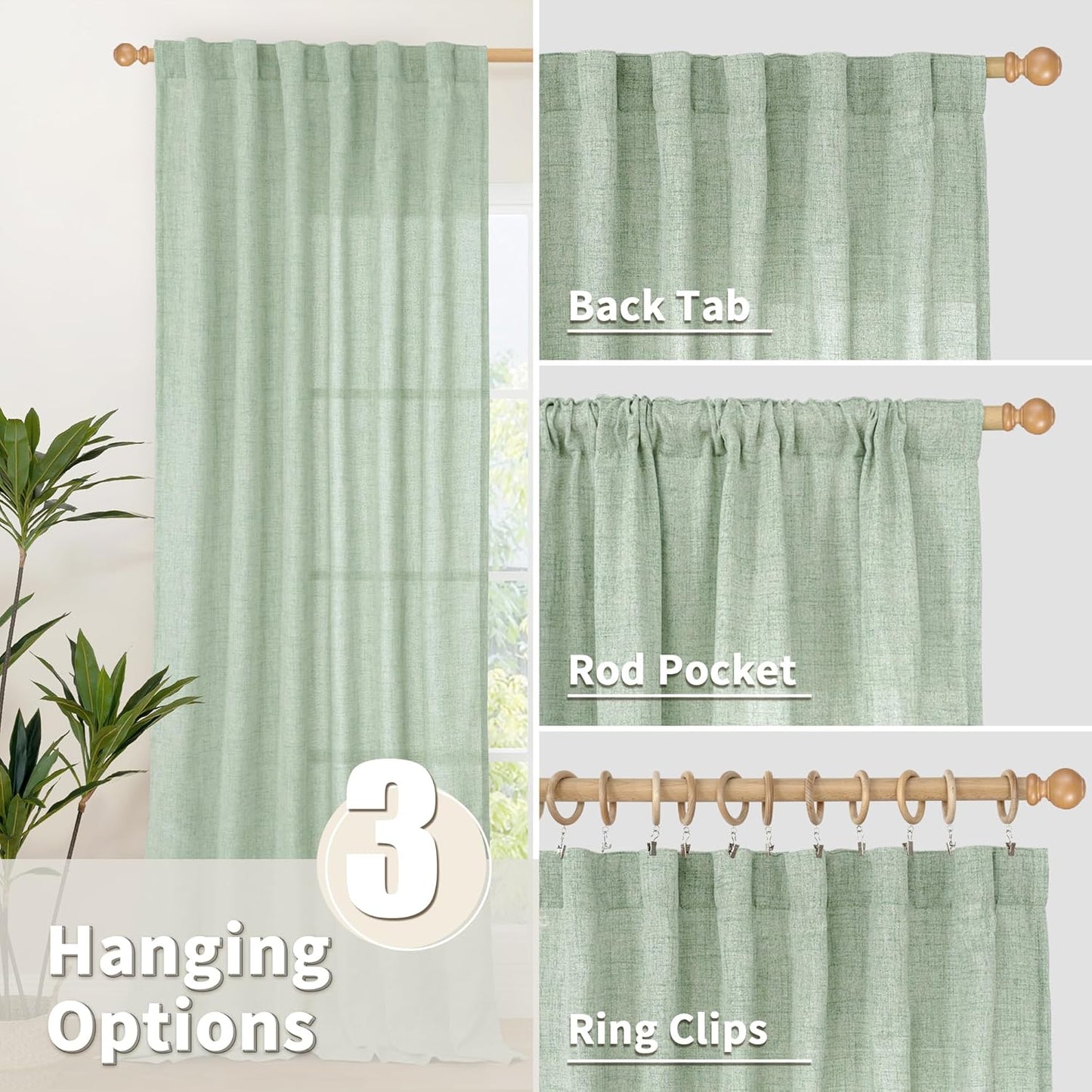 YoungsTex Sage Green Curtains 72 Inch Length for Living Room, Semi Sheer Linen Drapes Light Filtering with Back Tab Rod Pocket for Bedroom Farmhouse Spring Decor, 42 X 72 Inch, 2 Panels
