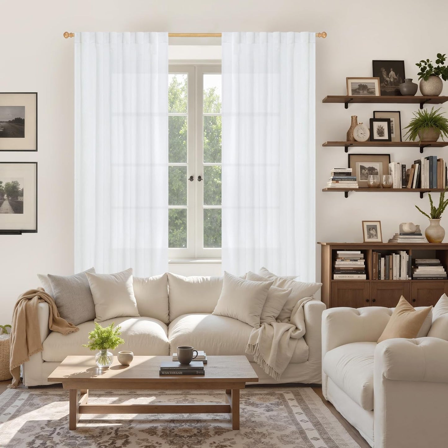 YoungsTex 84 Inch Length White Linen Curtains for Living Room, Semi Sheer Drapes with Rod Pocket Back Tab Light Filtering Window Treatments for Dining Bedroom, 52 X 84 Inch, 2 Panels